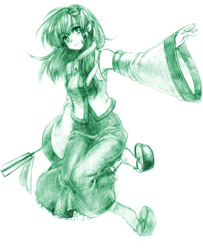 usa (artist), usaki (ama), kochiya sanae, touhou, 1girl, female focus, full body, monochrome, solo