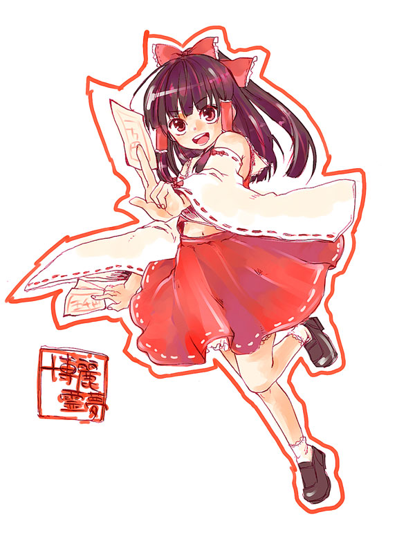 usa (artist), usaki (ama), hakurei reimu, touhou, 1girl, bow, brown hair, character name, detached sleeves, dual wielding, female focus, hair bow, hair tubes, holding, ofuda, red eyes, solo, standing, standing on one leg, wide sleeves