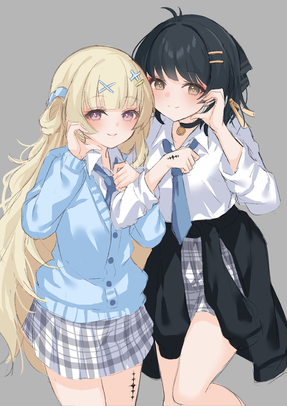 kuramoto beta-carotene, female rover (wuthering waves), phoebe (wuthering waves), rover (wuthering waves), wuthering waves, commentary, highres, 2girls, alternate costume, antenna hair, black choker, black hair, black jacket, blonde hair, blue necktie, blue sweater, blush, breasts, choker, closed mouth, clothes around waist, collared shirt, grey background, grey skirt, hair ornament, hair ribbon, hairclip, hands up, jacket, jacket around waist, long hair, long sleeves, looking at viewer, medium breasts, multiple girls, necktie, parallel hairclips, plaid clothes, plaid skirt, purple eyes, ribbon, school uniform, shirt, simple background, skirt, smile, sweater, tacet mark (wuthering waves), very long hair, white shirt, x hair ornament, yellow eyes, yellow ribbon