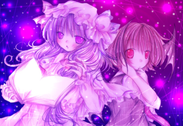 kasuga sunao, koakuma, patchouli knowledge, embodiment of scarlet devil, touhou, 2girls, book, female focus, floating, floating object, head wings, long hair, long sleeves, looking at viewer, multiple girls, purple eyes, purple hair, red eyes, red hair, upper body, very long hair, wings