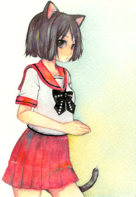 usa (artist), usaki (ama), 1girl, animal ears, black hair, cat ears, cat tail, female focus, school uniform, serafuku, solo, tail