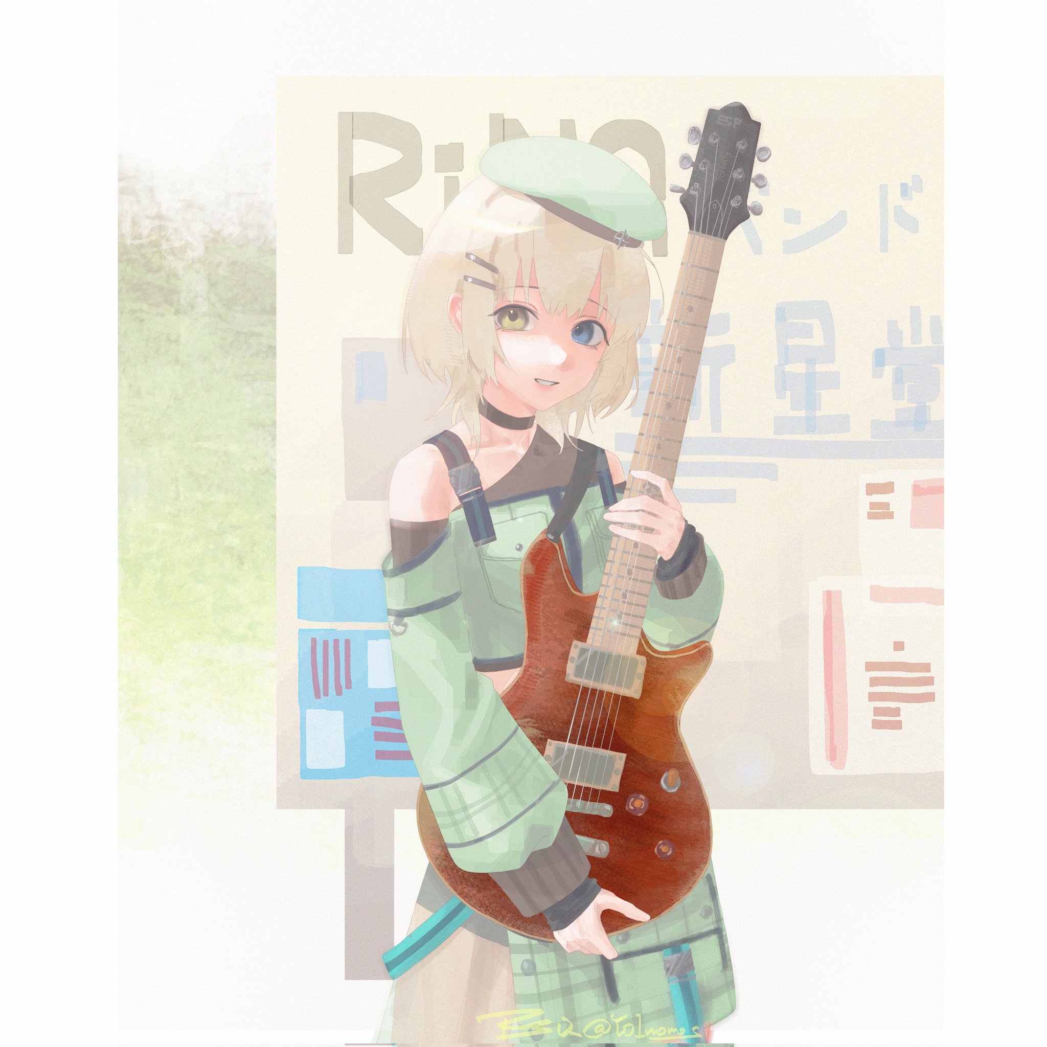 rs (radius), kaname raana, bang dream!, bang dream! it's mygo!!!!!, highres, beret, black choker, blue eyes, choker, esp guitars, green overalls, guitar, hair ornament, hairpin, hat, heterochromia, holding, holding guitar, holding instrument, instrument, medium hair, multiple hairpins, mygo!!!!! (bang dream!), official alternate costume, overalls, simple background, smile, strap, white hair, yellow eyes