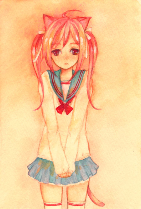 usa (artist), usaki (ama), 1girl, animal ears, cat ears, cat tail, female focus, school uniform, serafuku, solo, tail