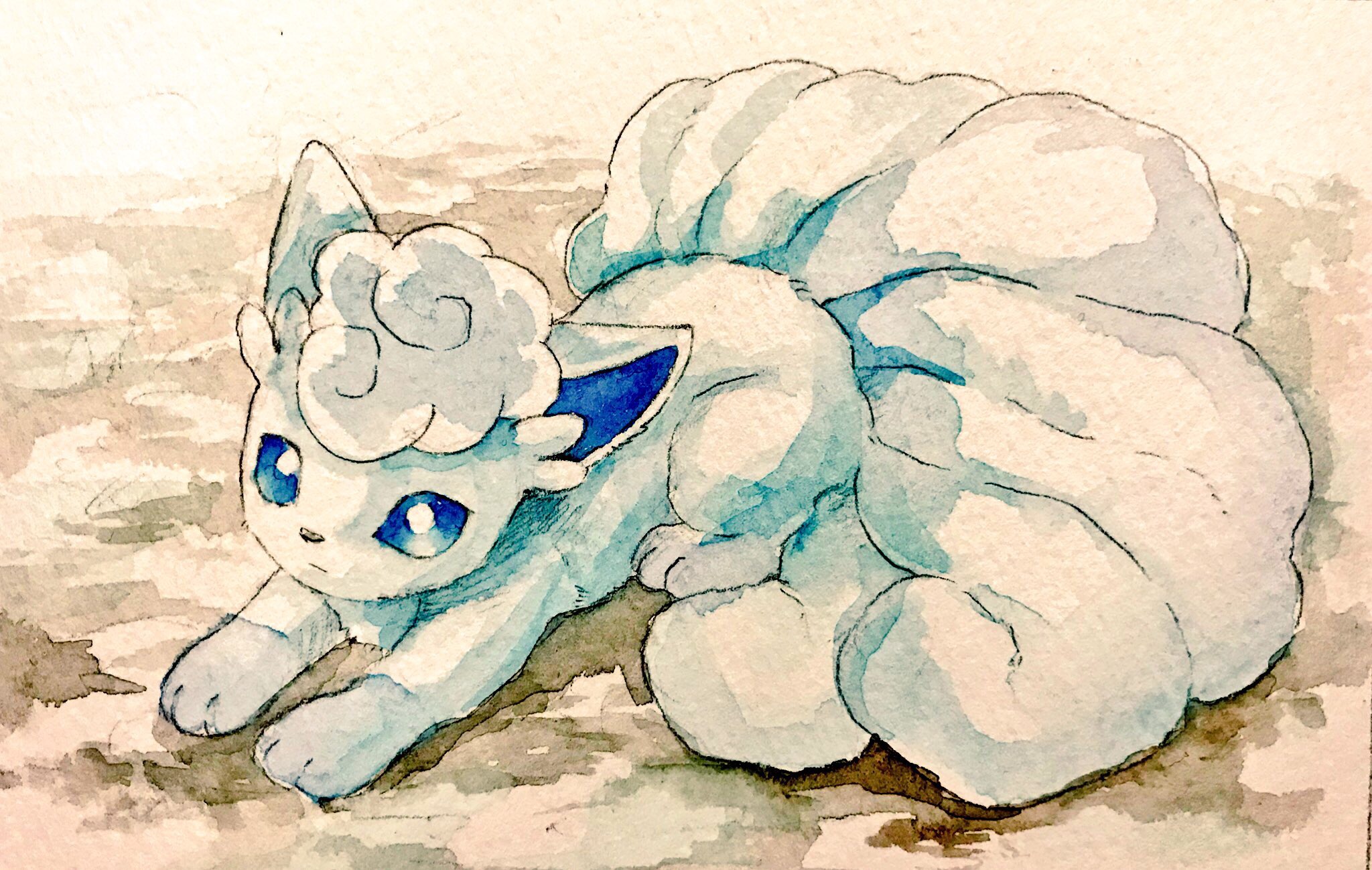 mint nappa, alolan vulpix, nintendo, pokemon, commentary request, highres, painting (medium), traditional media, watercolor (medium), alolan form, animal focus, blue eyes, bright pupils, closed mouth, full body, gen 7 pokemon, grey background, looking at viewer, no humans, pokemon (creature), solo, white pupils