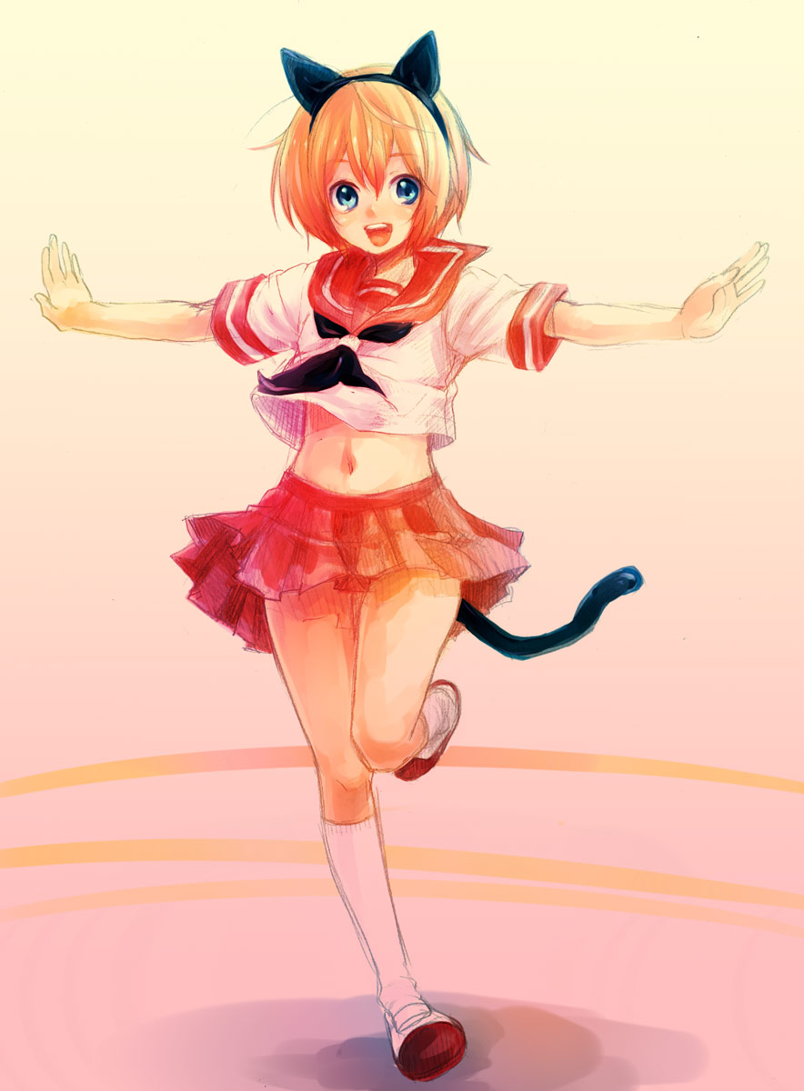usa (artist), usaki (ama), cuilan, senkou no ronde, highres, 1boy, animal ears, blue eyes, cat boy, cat ears, cat tail, crossdressing, crossdressing (mtf), male focus, outstretched arms, red hair, school uniform, serafuku, solo, spread arms, standing, standing on one leg, tail, trap