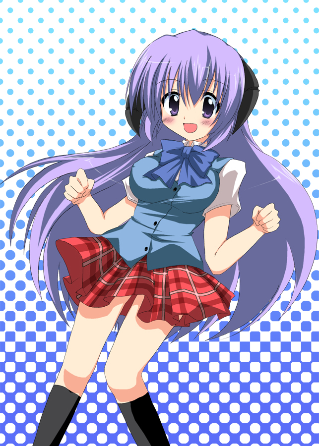 akane souichi, hanyuu, higurashi no naku koro ni, bad id, bad pixiv id, 00s, blush, horns, purple eyes, purple hair, school uniform, serafuku, solo