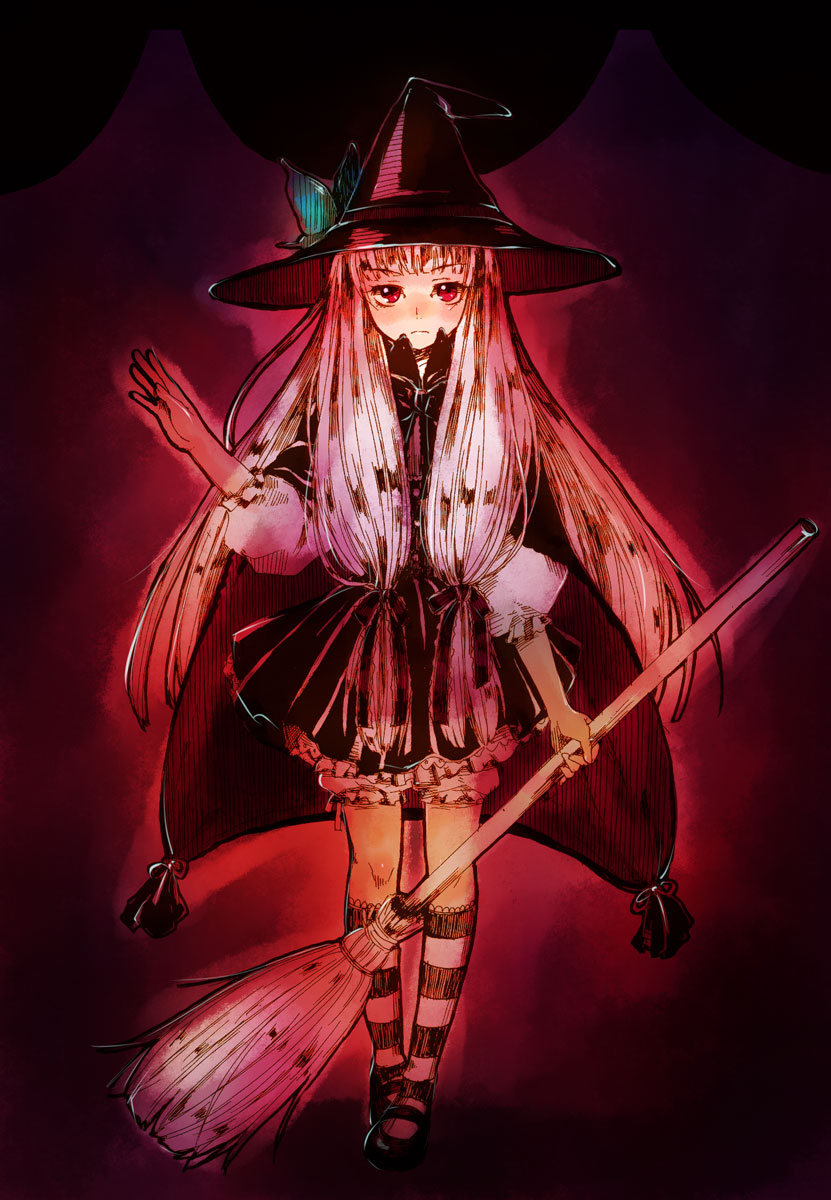 usa (artist), usaki (ama), original, highres, 1girl, bloomers, blunt bangs, bow, broom, cape, female focus, hair bow, hat, kneehighs, long hair, looking at viewer, magical girl, mary janes, shoes, socks, solo, standing, striped clothes, striped socks, twintails, underwear, witch, witch hat