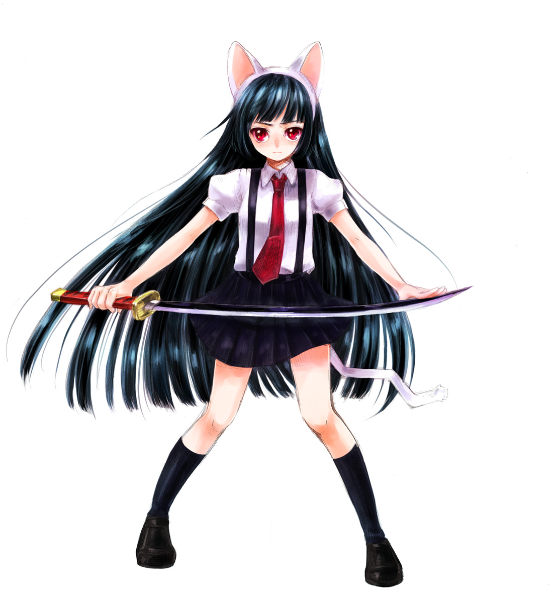 usa (artist), usaki (ama), highres, 1girl, animal ears, black hair, cat ears, cat tail, female focus, red eyes, school uniform, serafuku, solo, sword, tail, weapon