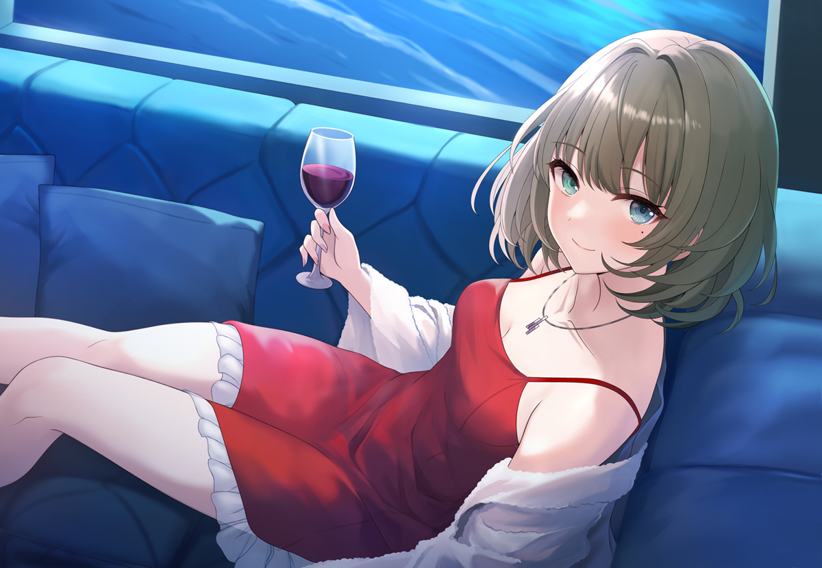 kirifrog, takagaki kaede, idolmaster, idolmaster cinderella girls, commentary request, 1girl, alcohol, bare legs, blush, bob cut, breasts, cleavage, collarbone, couch, cup, dress, drinking glass, feet out of frame, fingernails, green hair, heterochromia, holding, holding cup, indoors, jacket, jacket partially removed, jewelry, looking at viewer, medium breasts, mole, mole under eye, necklace, on couch, red dress, short hair, sitting, sleeveless, sleeveless dress, smile, solo, white jacket, wine, wine glass
