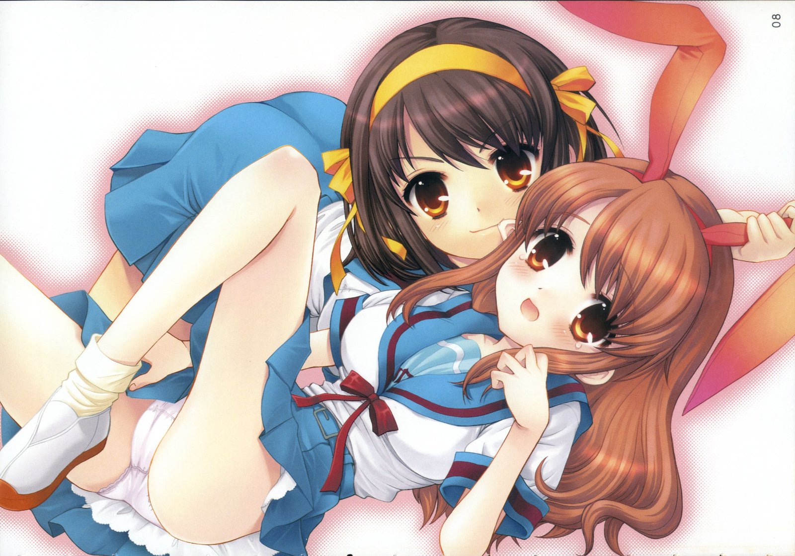 nagisawa yuu, asahina mikuru, suzumiya haruhi, suzumiya haruhi no yuuutsu, biting ear, highres, 00s, 2girls, animal ears, biting, brown eyes, brown hair, fake animal ears, fang, hairband, multiple girls, panties, pantyshot, rabbit ears, school uniform, serafuku, shoes, socks, underwear, uwabaki