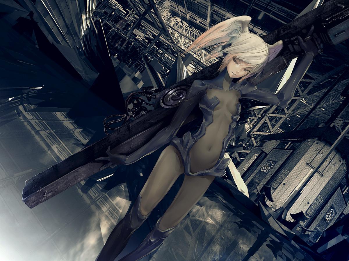 redjuice, original, 1girl, bodysuit, brown eyes, female focus, grey hair, gun, huge weapon, navel, solo, twintails, weapon
