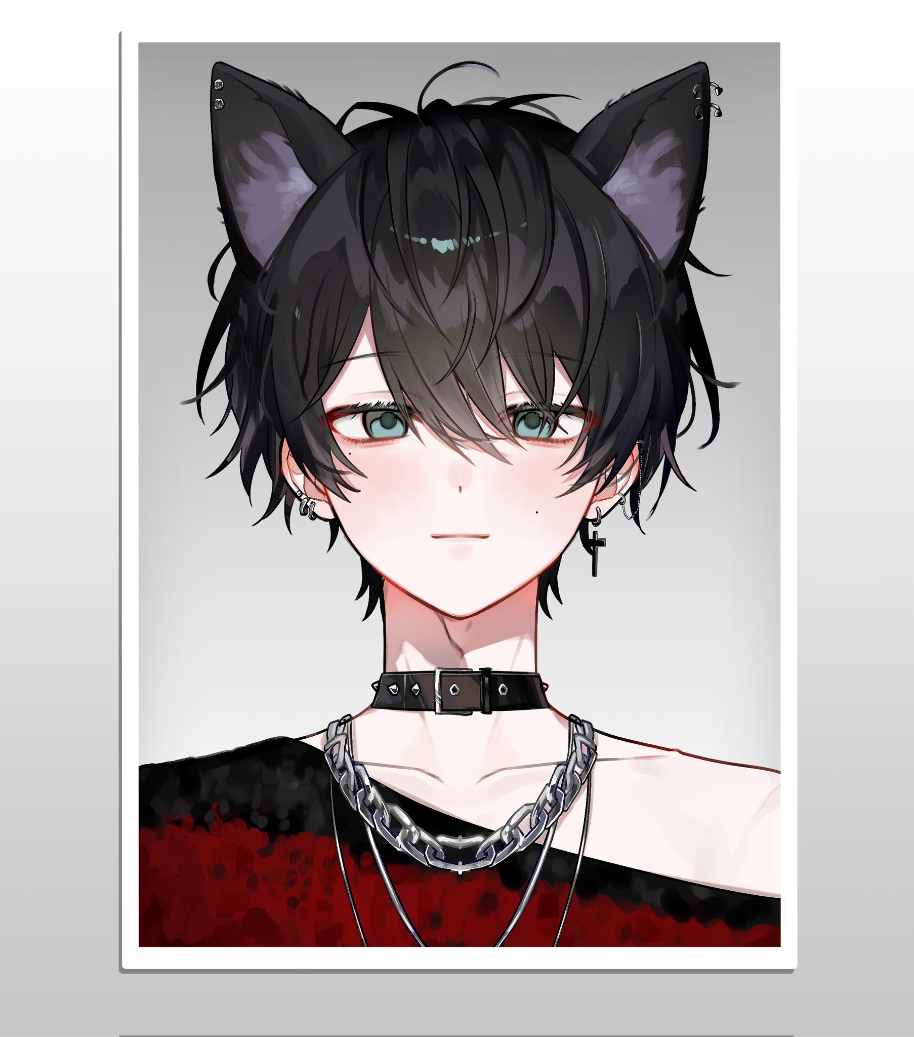 a20190422, original, highres, 1boy, adam's apple, aegyo sal, animal ear piercing, animal ears, belt collar, black collar, black hair, black shirt, cat boy, cat ears, chain, chain necklace, closed mouth, collar, collarbone, eyes visible through hair, green eyes, grey background, hair over one eye, jewelry, looking at viewer, male focus, mole, mole on cheek, mole under eye, necklace, picture frame, portrait, red shirt, shirt, short hair, simple background, solo, two-tone shirt