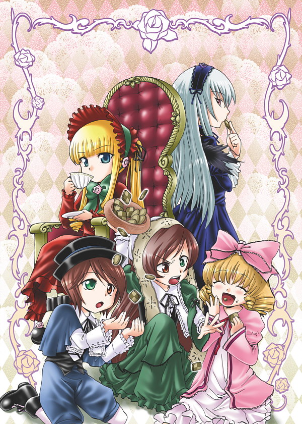 kitano tomotoshi, hinaichigo, shinku, souseiseki, suigintou, suiseiseki, rozen maiden, 00s, 5girls, blonde hair, bow, chair, cookie, cup, food, multiple girls, pink bow, siblings, sisters, teacup, throne, twins