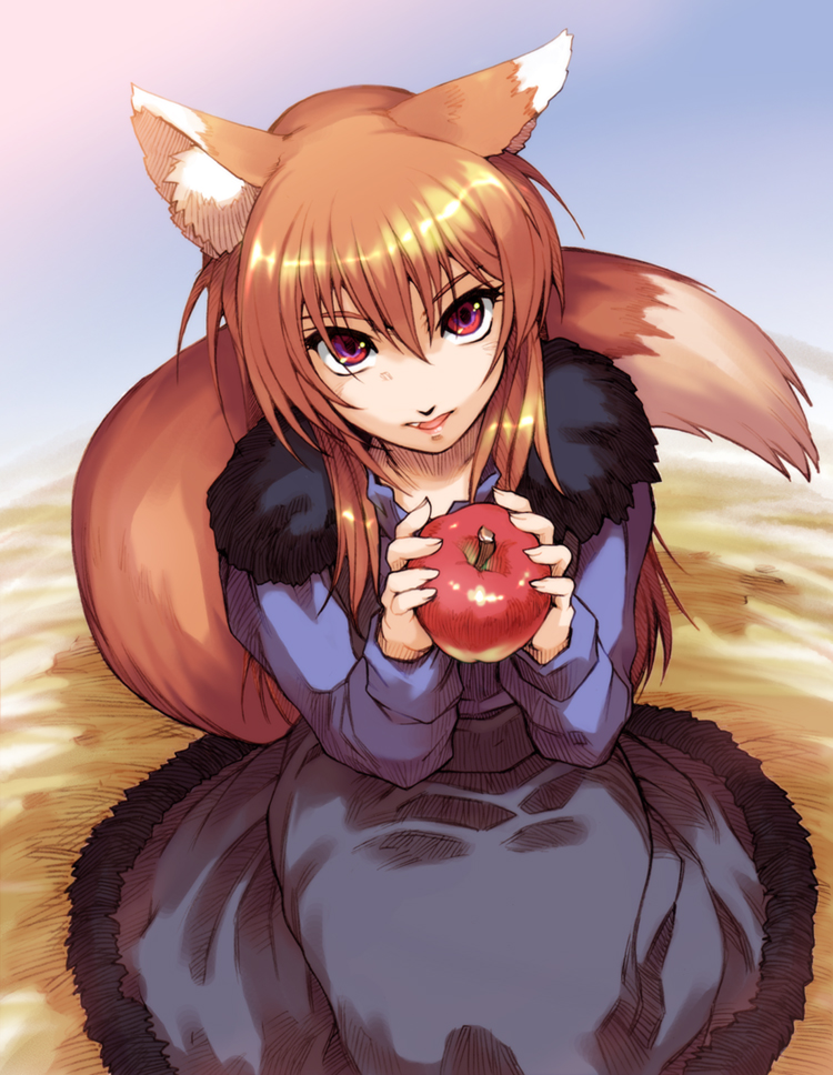 hisahiko, holo, spice and wolf, 00s, 1girl, animal ears, apple, brown hair, female focus, food, fruit, holding, holding food, holding fruit, red eyes, solo, tail, wolf ears, wolf tail