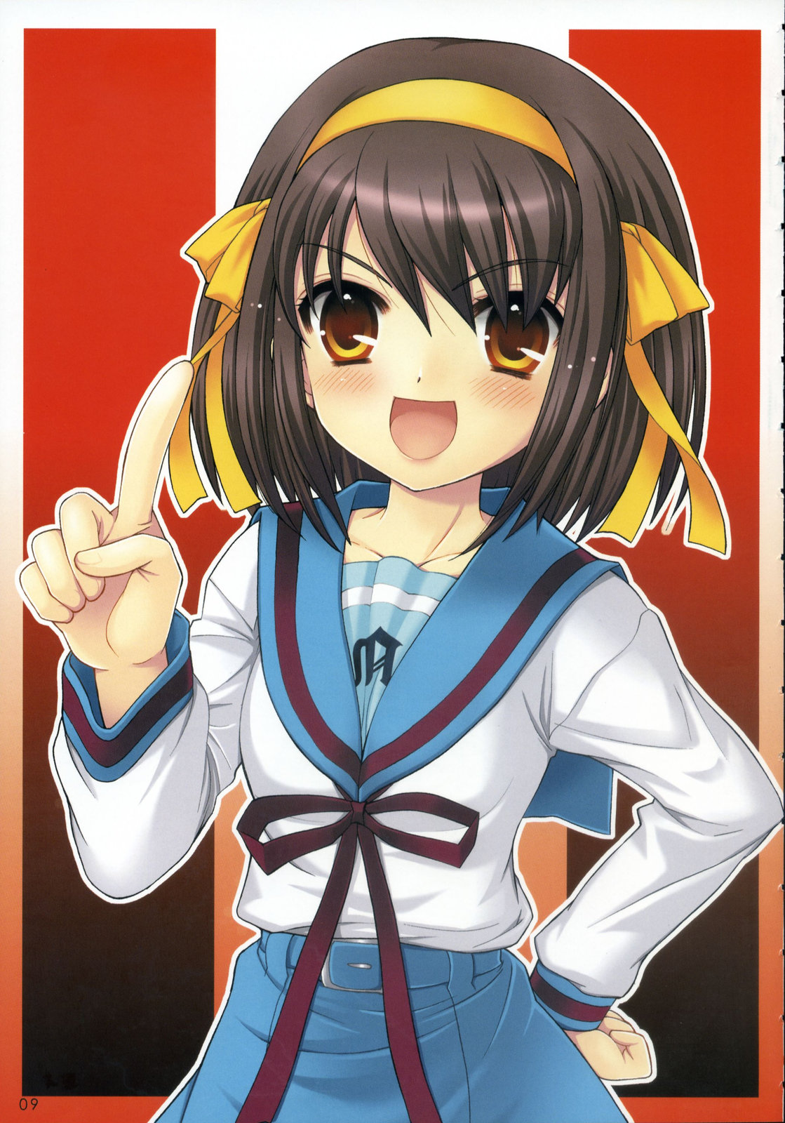 nagisawa yuu, suzumiya haruhi, suzumiya haruhi no yuuutsu, highres, 00s, 1girl, brown eyes, brown hair, female focus, hairband, hand on own hip, open mouth, ribbon, school uniform, serafuku, short hair, solo