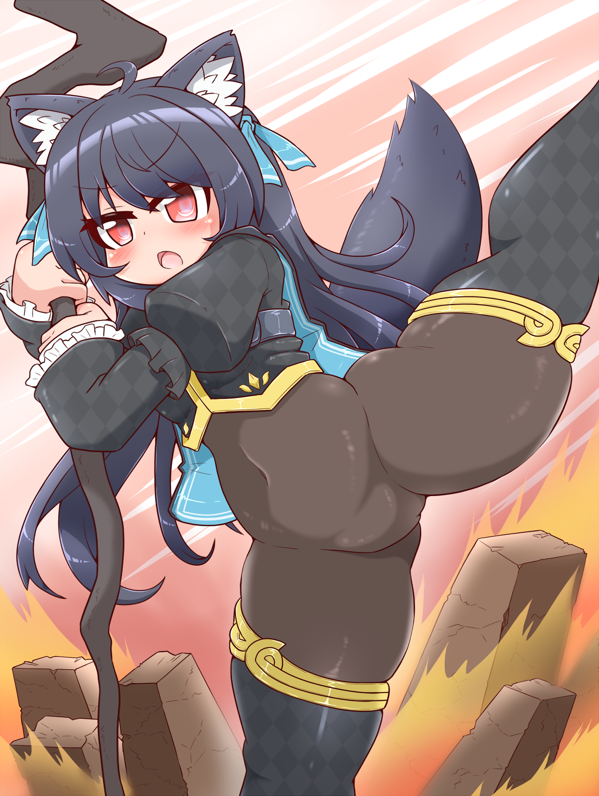 senyou6060, svartlilja (vrchat), original, vrchat, highres, 1girl, ahoge, animal ear fluff, animal ears, argyle clothes, argyle shirt, argyle thighhighs, black hair, black shrug, bodystocking, bodysuit, borrowed character, breasts, brown bodysuit, checkered thighhighs, chest belt, covered navel, detached pants, hair ribbon, holding, holding wand, impossible bodysuit, impossible clothes, kicking, long hair, long sleeves, looking at viewer, mage staff, pantyhose, red eyes, ribbon, see-through bodystocking, shrug (clothing), skin tight, small breasts, standing, tail, thighs, wand, wolf ears, wolf girl, wolf tail