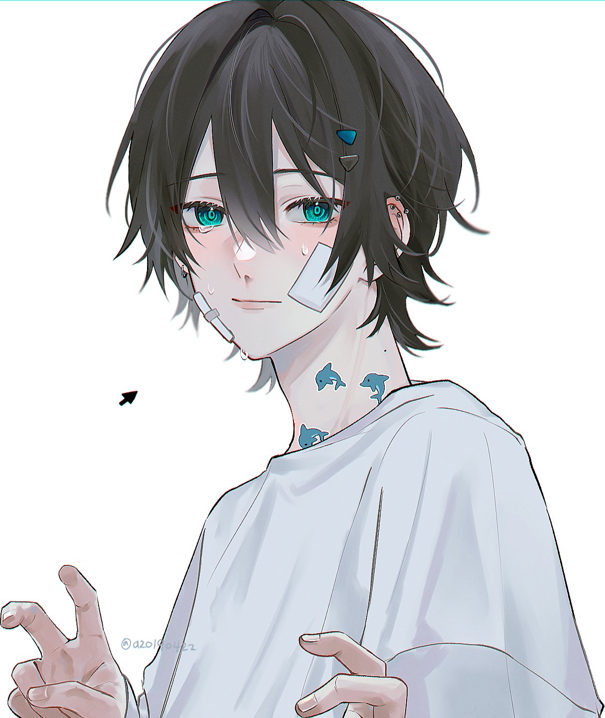 a20190422, original, highres, 1boy, adam's apple, aegyo sal, bandaid, bandaid on face, bent v, black hair, body markings, closed mouth, crying, crying with eyes open, double v, ear piercing, green eyes, hair between eyes, hair ornament, long sleeves, looking at viewer, male focus, mole, mole on neck, nose, piercing, shirt, short hair, simple background, solo, tears, upper body, v, white background, white shirt
