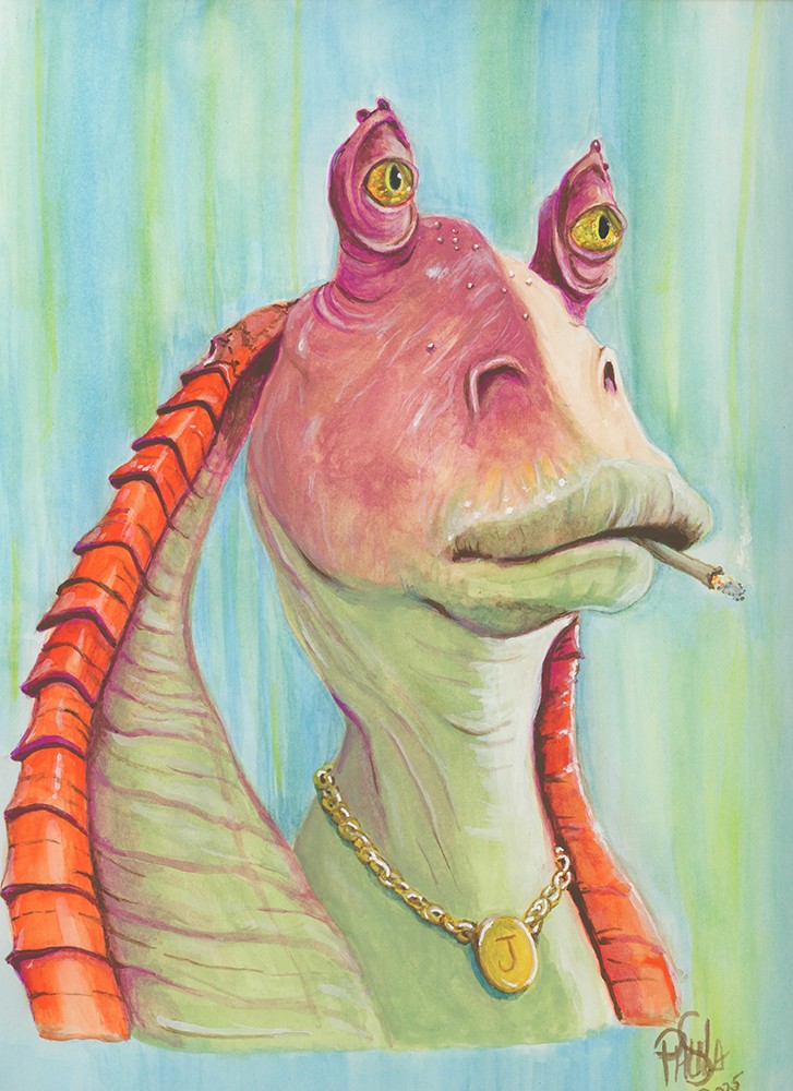 jar-jar binks, star wars, gouache (medium), painting (medium), traditional media, watercolor (medium), 1boy, alien, cigarette, gungan, jewelry, necklace, paulas, portrait, signature, smoking, solo