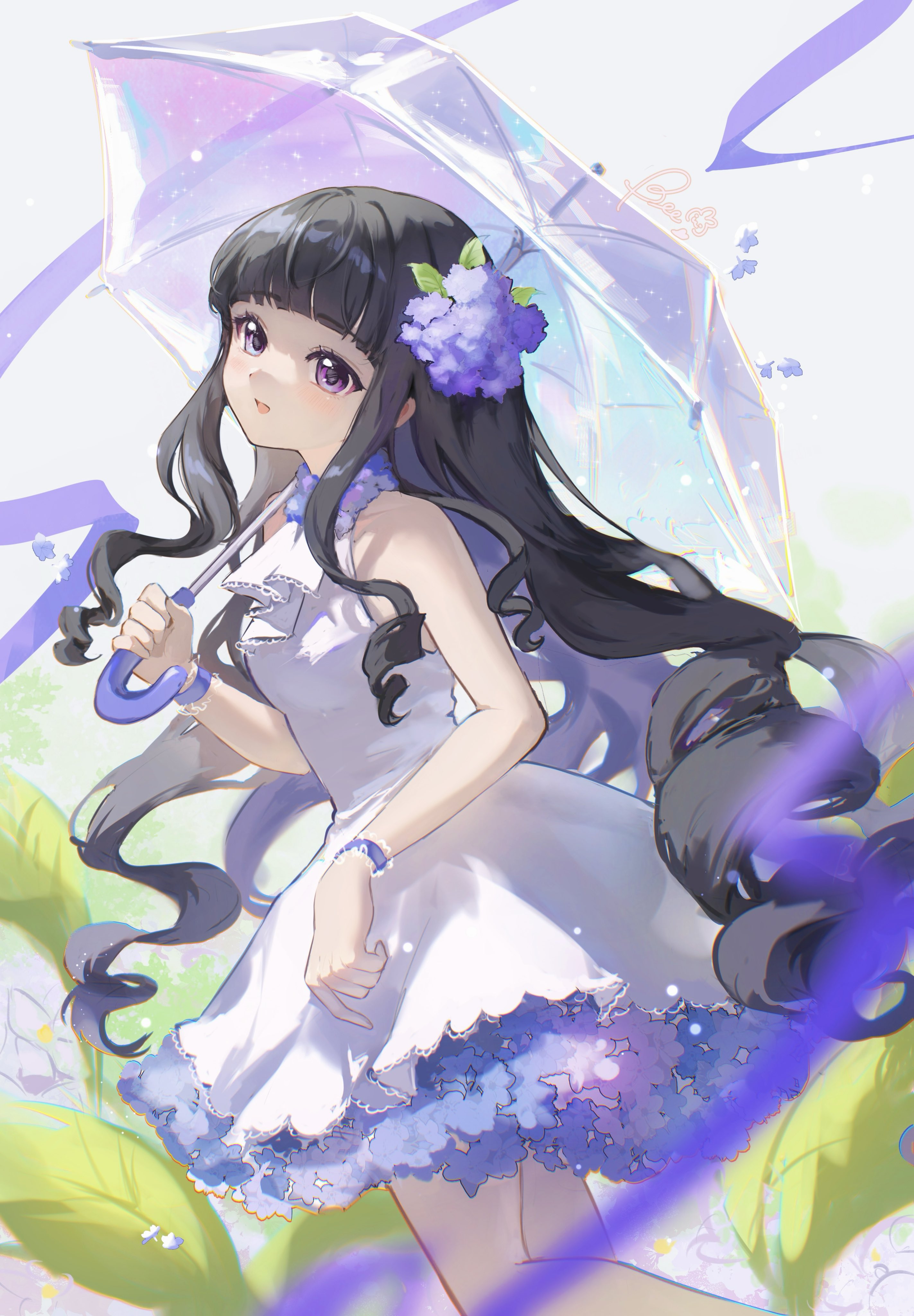 beebee1120, daidouji tomoyo, cardcaptor sakura, absurdres, commentary, english commentary, highres, 1girl, :d, ascot, bare shoulders, black hair, blunt bangs, blush, dress, feet out of frame, flower, hair flower, hair ornament, holding, holding umbrella, hydrangea, long hair, looking at viewer, open mouth, purple eyes, sleeveless, sleeveless dress, smile, solo, umbrella, white ascot, white dress