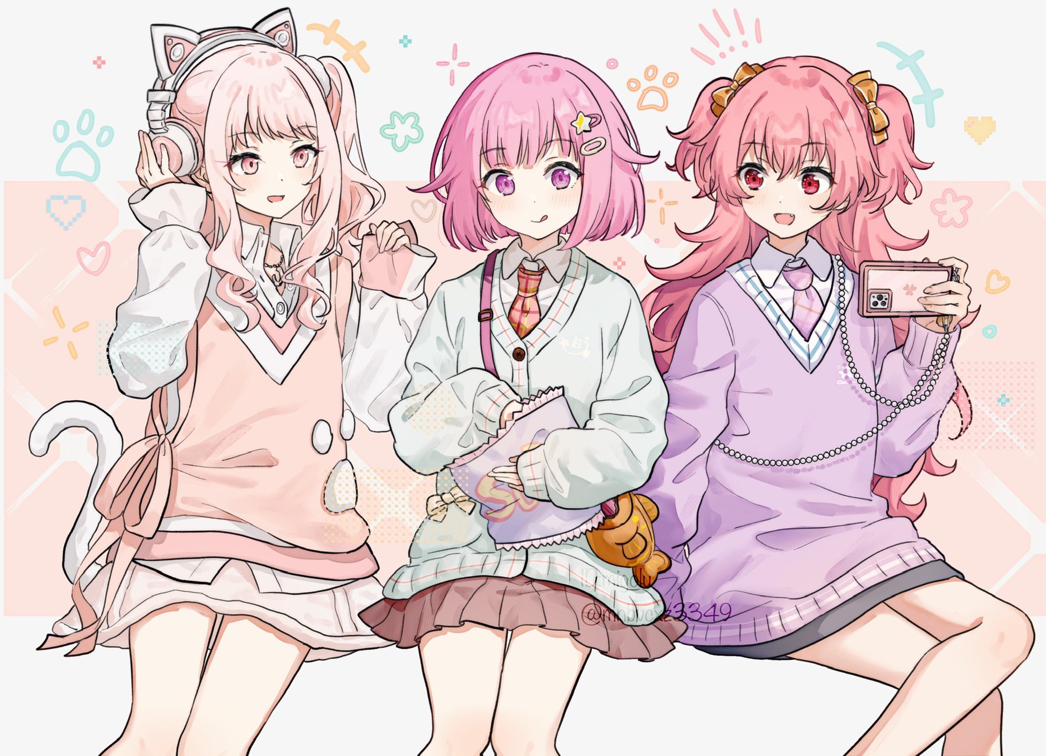 migolu, akiyama mizuki, momoi airi, ootori emu, project sekai, highres, 1other, 2girls, :d, :q, animal ear headphones, animal ears, blush, bow, brown skirt, cardigan, cat ear headphones, cellphone, closed mouth, collared shirt, fake animal ears, feet out of frame, green cardigan, hair bow, hair ornament, hairclip, headphones, holding, holding phone, invisible chair, long hair, long sleeves, miniskirt, multiple girls, necktie, open mouth, orange bow, phone, pink eyes, pink hair, pink necktie, pink skirt, pink vest, plaid clothes, plaid necktie, pleated skirt, purple sweater, red eyes, red necktie, shirt, short hair, sitting, skirt, smartphone, smile, star (symbol), star hair ornament, sweater, tongue, tongue out, vest, white shirt