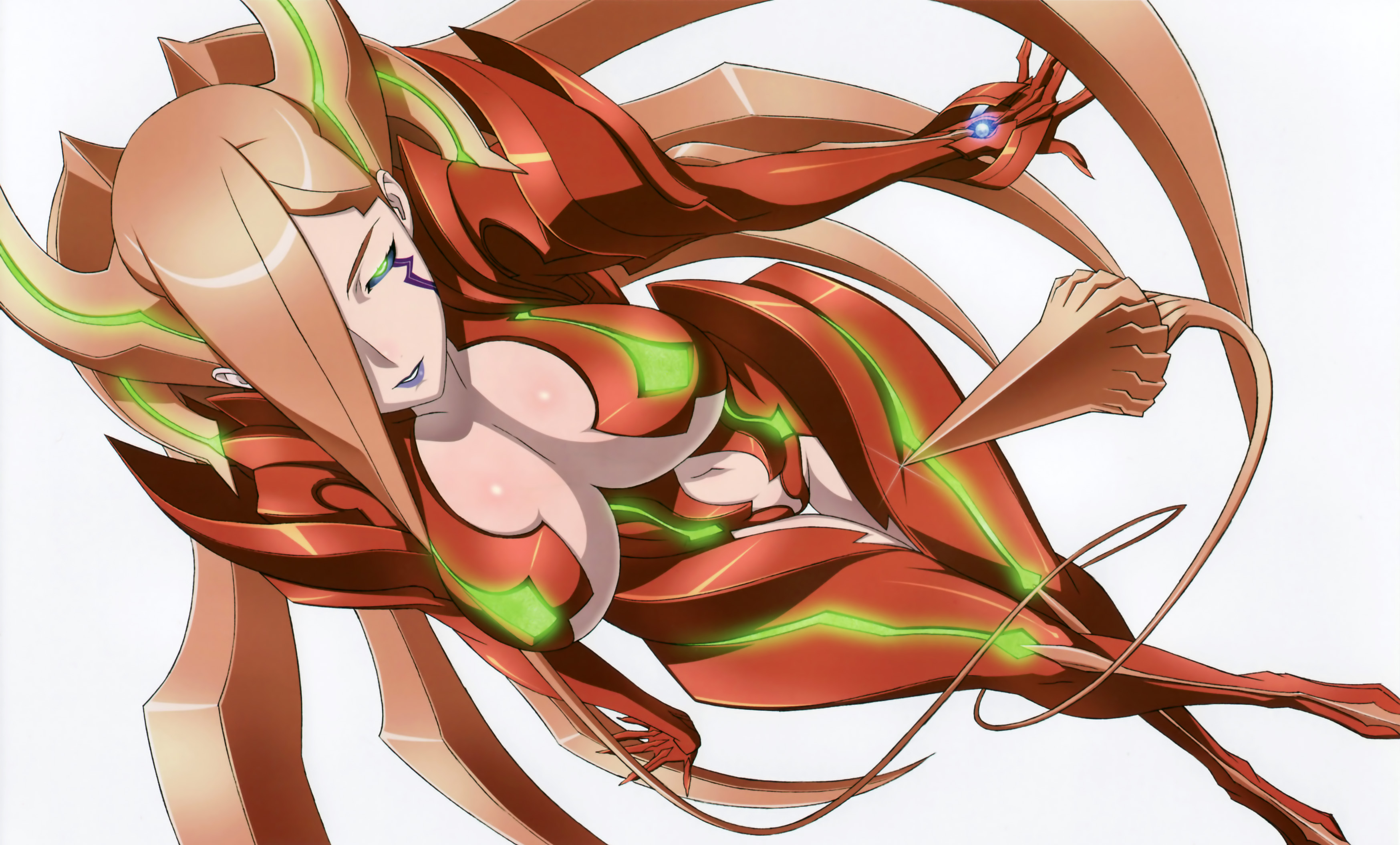 uno makoto, nora (witchblade), witchblade, absurdres, highres, scan, 00s, 1girl, armor, bikini armor, black sclera, breasts, colored sclera, female focus, large breasts, solo