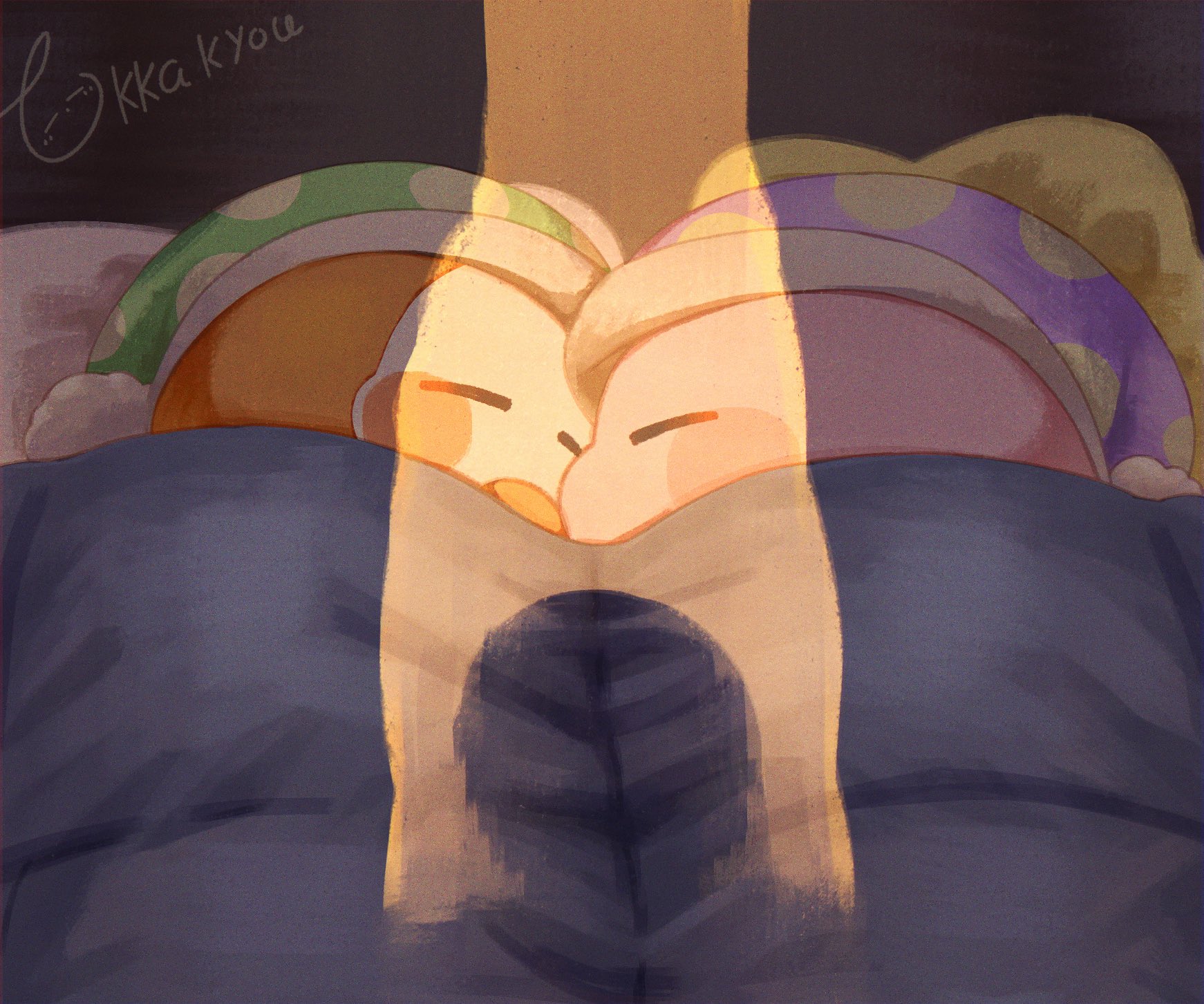 tokkakyou, kirby, waddle dee, kirby (series), nintendo, commentary request, highres, 1other, blanket, blush stickers, closed eyes, green hat, hat, lying, nightcap, on bed, on side, polka dot headwear, purple hat, signature, sleeping, under covers