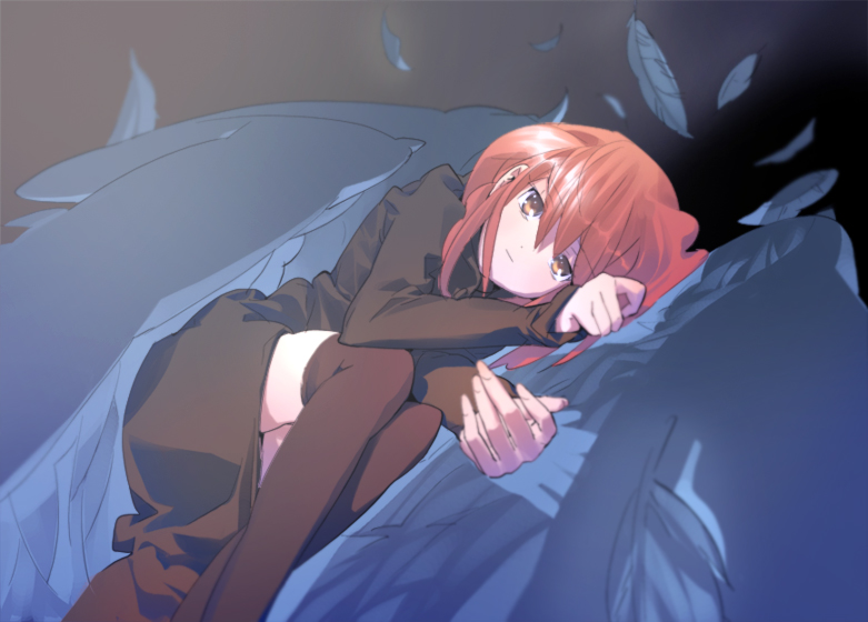 neemui, bad id, bad pixiv id, tagme, red eyes, red hair, thighhighs, wings