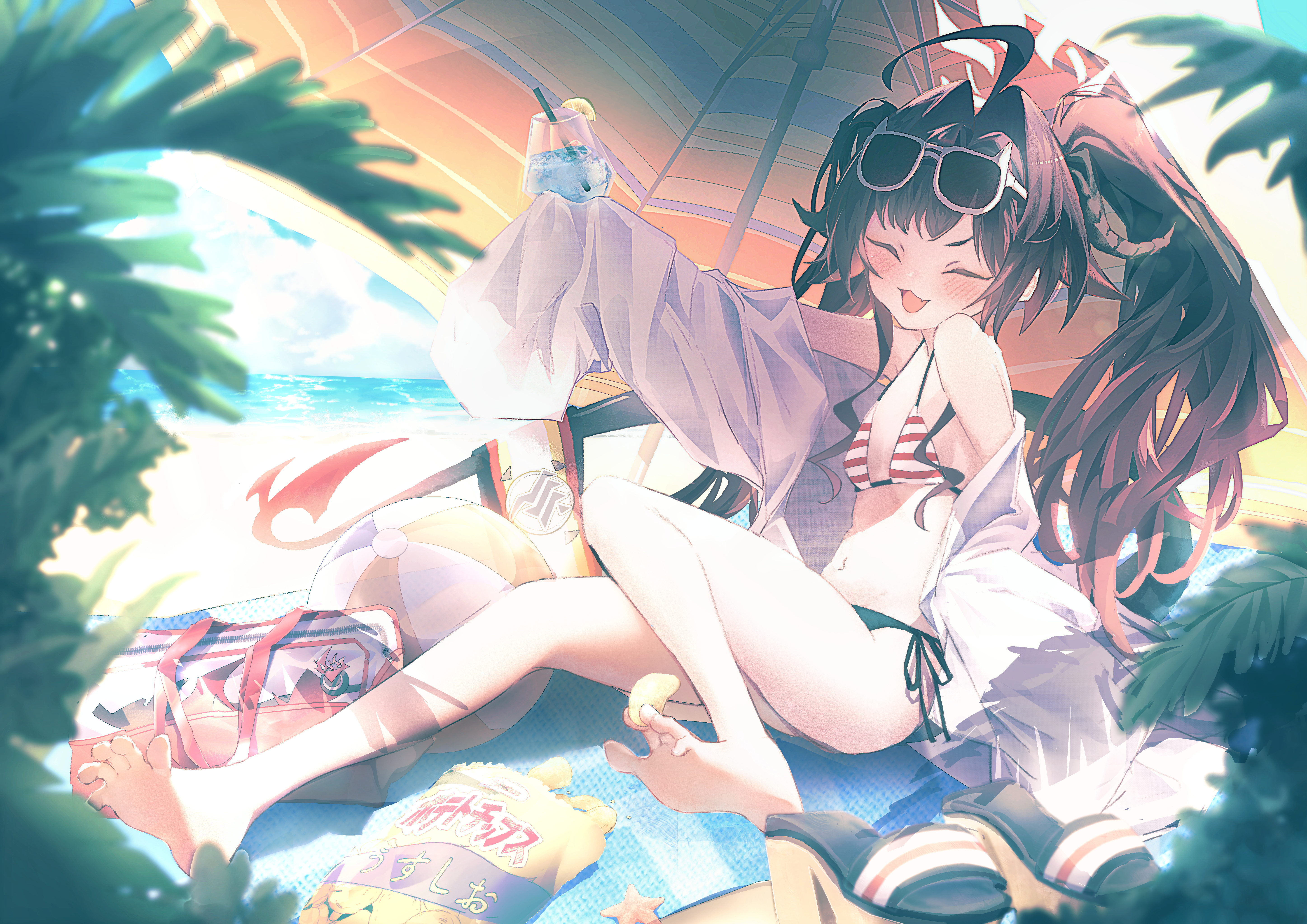 troble7410, kasumi (blue archive), kasumi (swimsuit) (blue archive), blue archive, absurdres, highres, 1girl, ahoge, barefoot, beach, bikini, black hair, closed eyes, halo, horns, long hair, official alternate costume, solo, swimsuit
