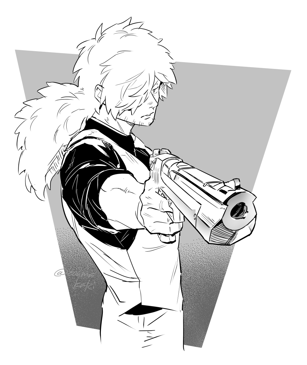 dasshu (dashi now), inugami kohachi, kemono jihen, 1boy, aiming, cropped legs, greyscale, gun, hair over one eye, handgun, long hair, male focus, mature male, messy hair, monochrome, necktie, solo, sparse stubble, vest, weapon