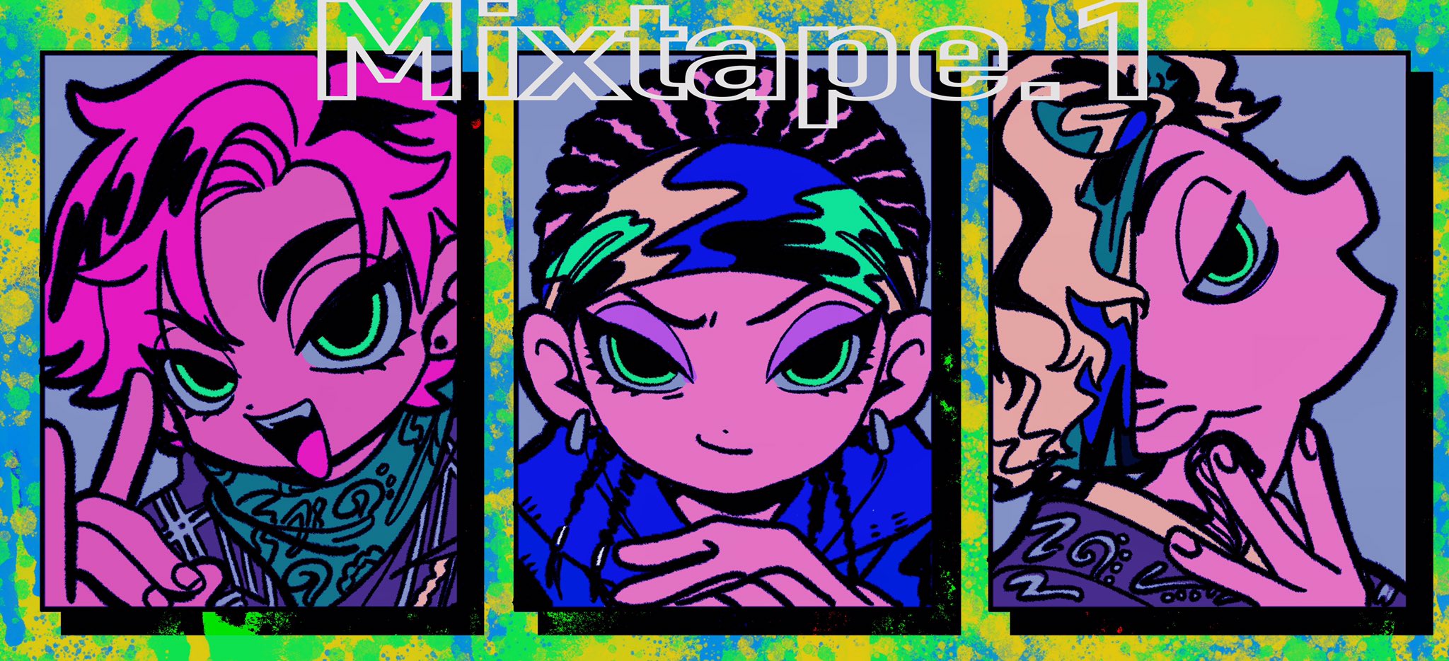 hypnosis mic, hypnosis mic: rule the stage, commentary request, highres, 3boys, :d, abinofa, bags under eyes, bandana, black border, black hair, blonde hair, blue background, blue hoodie, blue jacket, border, closed mouth, cocked eyebrow, colorful background, cornrows, curtained hair, deformed, dot nose, douan kazusato, drop shadow, earrings, english text, eyelashes, eyeshadow, fangs, fingernails, fox shadow puppet, from side, furrowed brow, green background, green bandana, green eyes, grey background, grin, hand on own neck, head back, hood, hoodie, inset border, jacket, jewelry, jitome, kokuri ryouzan, layered shirt, looking at viewer, makeup, male focus, mismatched eyebrows, multicolored bandana, multiple boys, neck tattoo, north bastard, open mouth, parted bangs, patterned clothing, pink hair, portrait, profile, purple eyeshadow, raised eyebrows, saragi kenei, short hair, silver earrings, smile, smirk, straight-on, stud earrings, tattoo, thick eyebrows, tsurime, wavy hair, yellow background