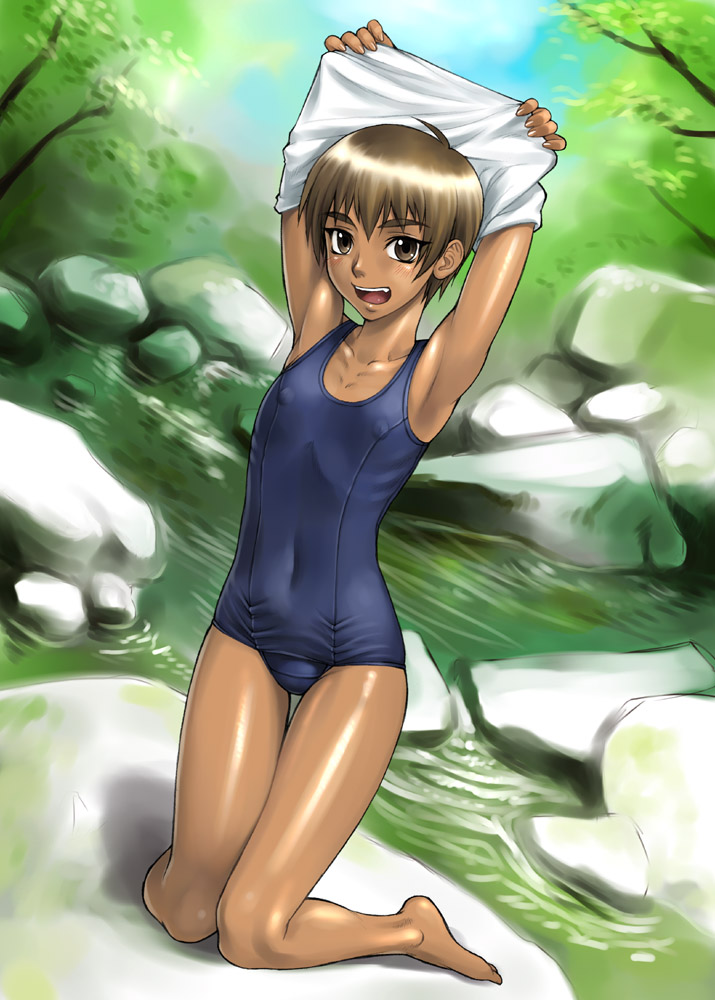 bang-you, kashiwagi azusa, kizuato, 1girl, aged down, androgynous, armpits, arms up, barefoot, brown eyes, brown hair, dark-skinned female, dark skin, day, feet, female focus, flat chest, forest, kneeling, loli, looking at viewer, nature, one-piece swimsuit, open mouth, ribs, rock, school swimsuit, shiny skin, shirt, short hair, sky, solo, swimsuit, tan, teeth, thigh gap, tomboy, tree, undressing, water