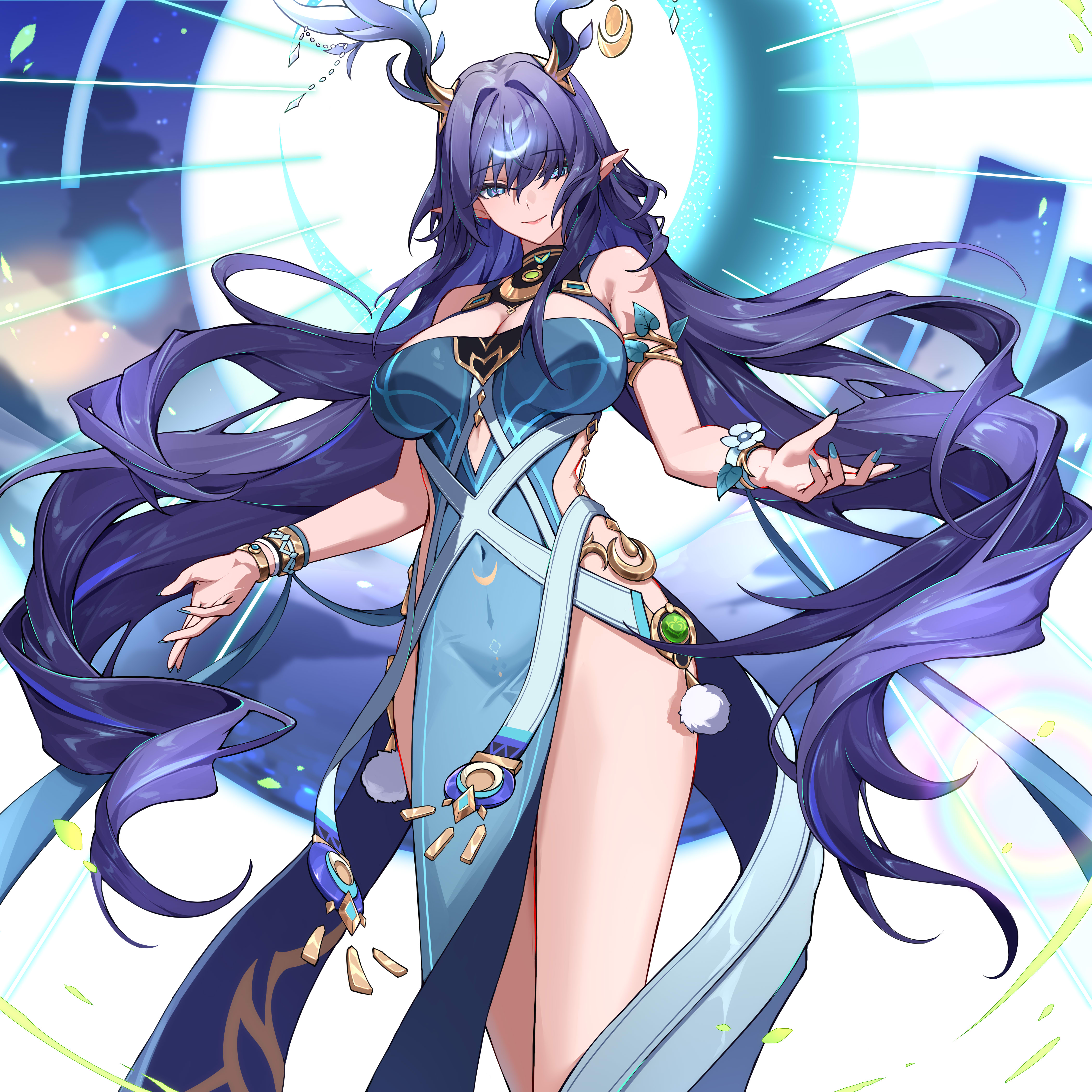 kazezz, lauma (genshin impact), genshin impact, absurdres, highres, 1girl, antlers, blue dress, blue nails, blush, bracelet, breasts, cleavage, closed mouth, covered navel, deer antlers, dendro symbol (genshin impact), dress, green eyes, hair between eyes, horns, jewelry, large breasts, long hair, looking at viewer, pointy ears, purple hair, smile, solo, strapless, strapless dress, very long hair, vision (genshin impact)