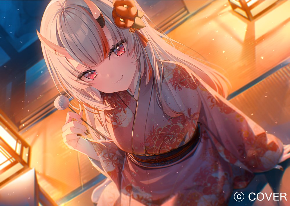 chihiro ayaka, nakiri ayame, hololive, commentary request, official art, 1girl, blunt bangs, blush, closed mouth, copyright notice, cowboy shot, grey hair, holding, horns, japanese clothes, kimono, long hair, long sleeves, looking at viewer, mimikaki, multicolored hair, red eyes, red hair, red kimono, sitting, skin-covered horns, smile, solo, two-tone hair, wide sleeves