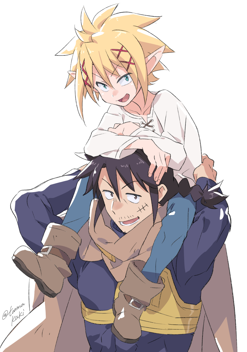 dasshu (dashi now), stunk, zel (ishuzoku reviewers), ishuzoku reviewers, highres, 2boys, black hair, blonde hair, blue pants, blush, braid, cape, carrying, green eyes, looking at viewer, male focus, multiple boys, open mouth, pants, piggyback, pointy ears, scar, scar on face, shirt, short hair, simple background, toned, toned male, white background, white shirt
