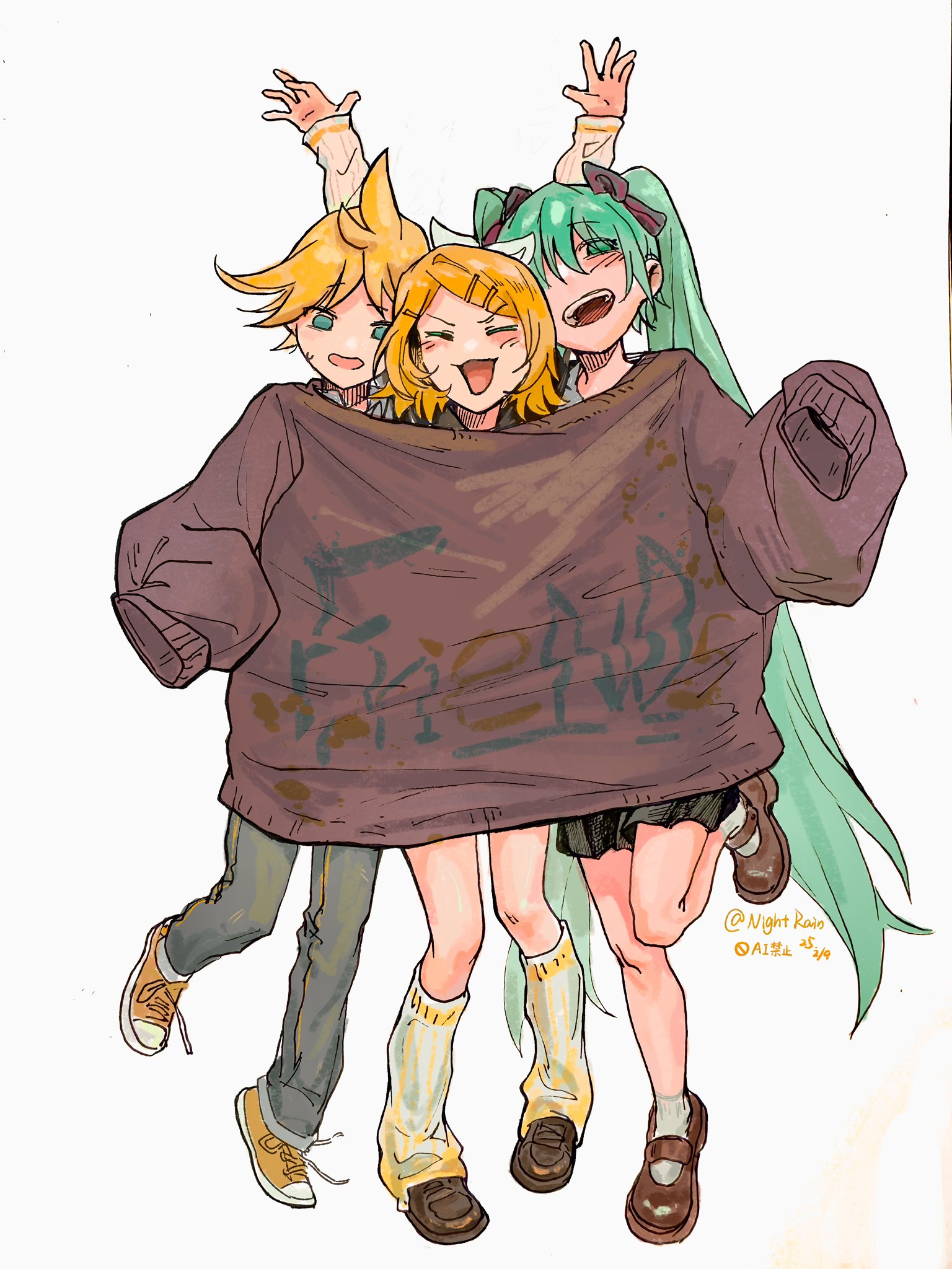 hatsune miku, kagamine len, kagamine rin, vocaloid, highres, 1boy, 2girls, aqua eyes, blonde hair, blush, bow, hair ornament, hairclip, long hair, multiple girls, nightra40779495, open mouth, white bow