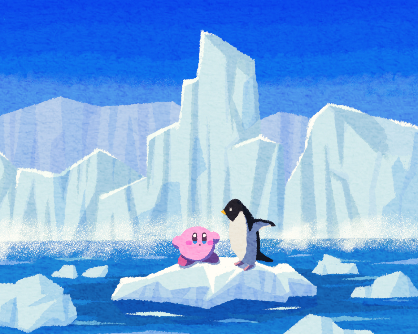 miclot, kirby, kirby (series), nintendo, commentary request, bird, blue eyes, blue sky, blush stickers, closed mouth, day, dot mouth, iceberg, no humans, ocean, outdoors, penguin, sky
