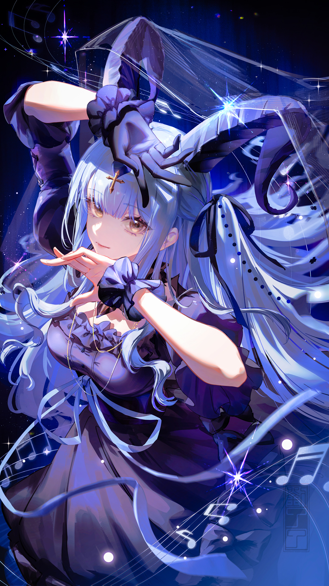 liu liaoliao, togawa sakiko, arknights, bang dream!, bang dream! it's mygo!!!!!, highres, 1girl, arm up, black dress, black gloves, black horns, black ribbon, blue hair, closed mouth, dancing, dress, gloves, hair ribbon, hand up, horns, long hair, looking at viewer, musical note, official alternate costume, ribbon, sheet music, single glove, solo, togawa sakiko (master of melodia), yellow eyes