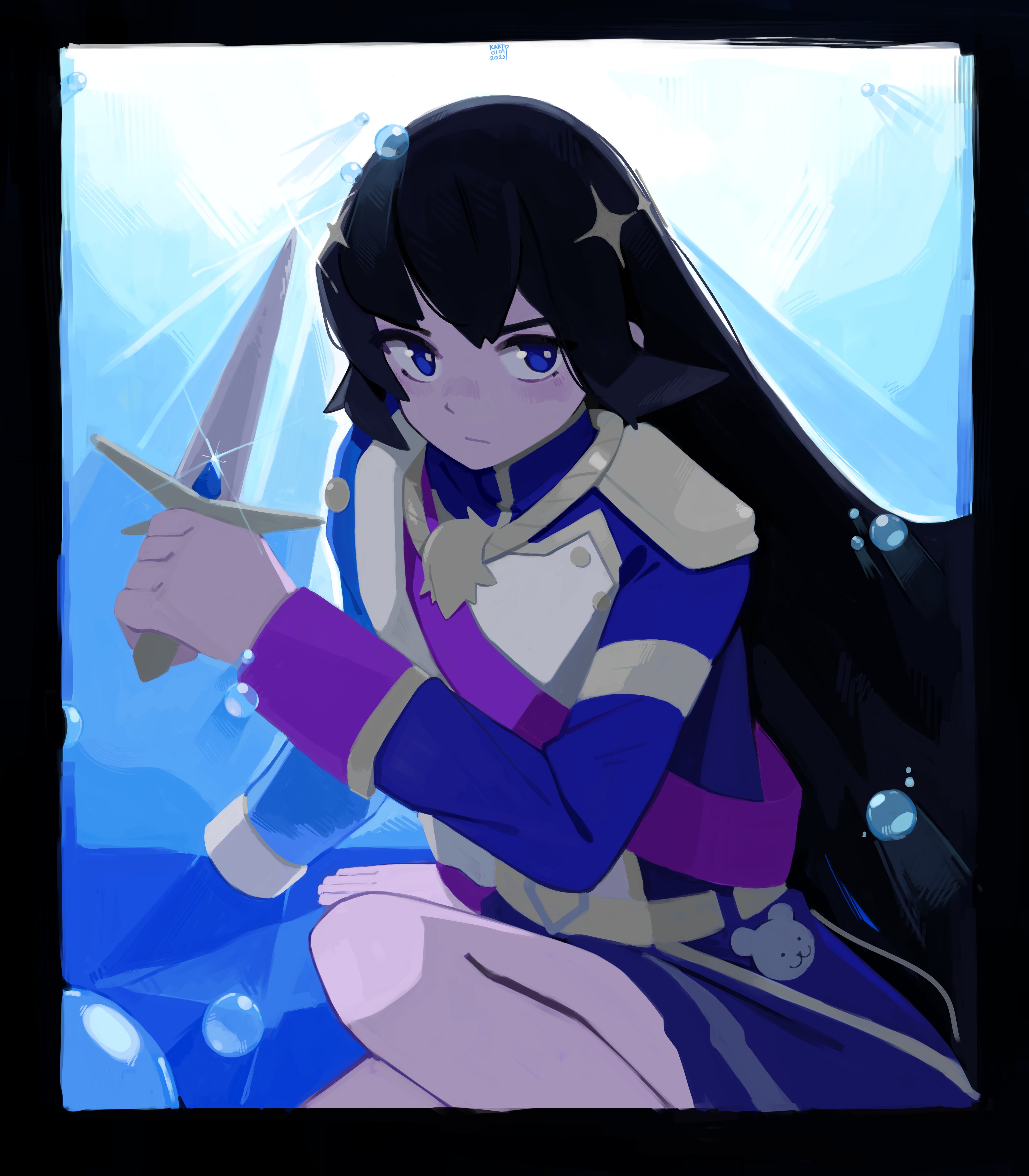 kart prowler, kagura hikari, shoujo kageki revue starlight, absurdres, highres, 1girl, arm at side, belt, belt buckle, black border, black hair, blue background, blue jacket, blue skirt, blush, border, bubble, buckle, closed mouth, cowboy shot, dagger, epaulettes, fur-trimmed jacket, fur trim, glint, gradient background, hair ornament, hand up, holding, holding dagger, holding knife, holding weapon, jacket, jacket on shoulders, knee up, knife, long hair, long sleeves, looking at viewer, miniskirt, purple sash, rounded corners, sash, shoulder sash, single stripe, sitting, skirt, solo, sparkle hair ornament, striped clothes, striped skirt, stuffed animal, stuffed toy, tassel, teddy bear, very long hair, weapon, yellow belt