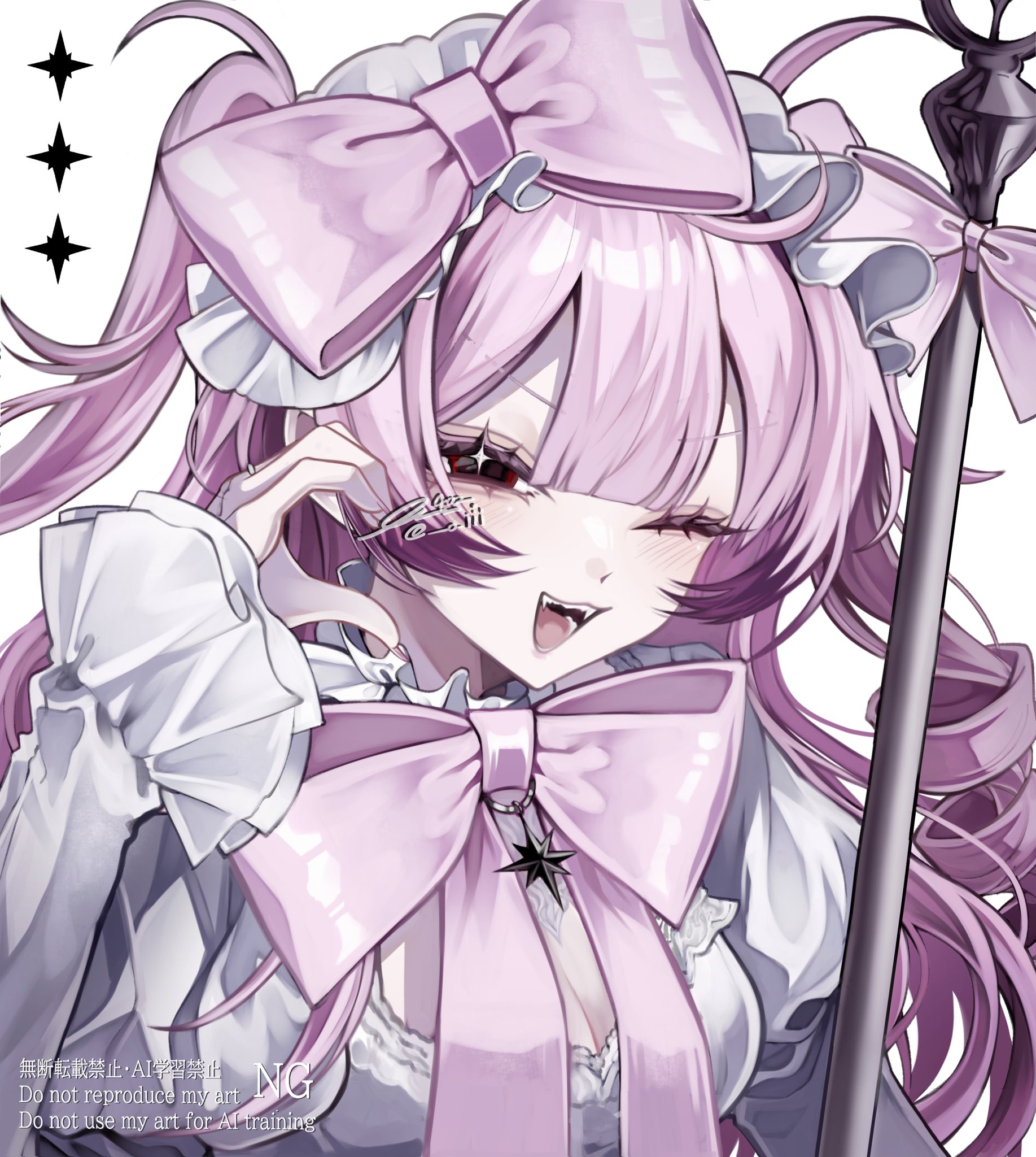 402 (o0 xxx), character request, copyright request, highres, 1girl, bow, breasts, cleavage, dress, english text, frilled sleeves, frills, hair between eyes, hair bow, half-closed eye, hand up, juliet sleeves, large breasts, long sleeves, looking at viewer, one eye closed, open mouth, pink bow, pink hair, puffy sleeves, red eyes, smile, solo, sparkling eyes, staff, teeth, two side up, upper body, upper teeth only, watermark, white background, white dress