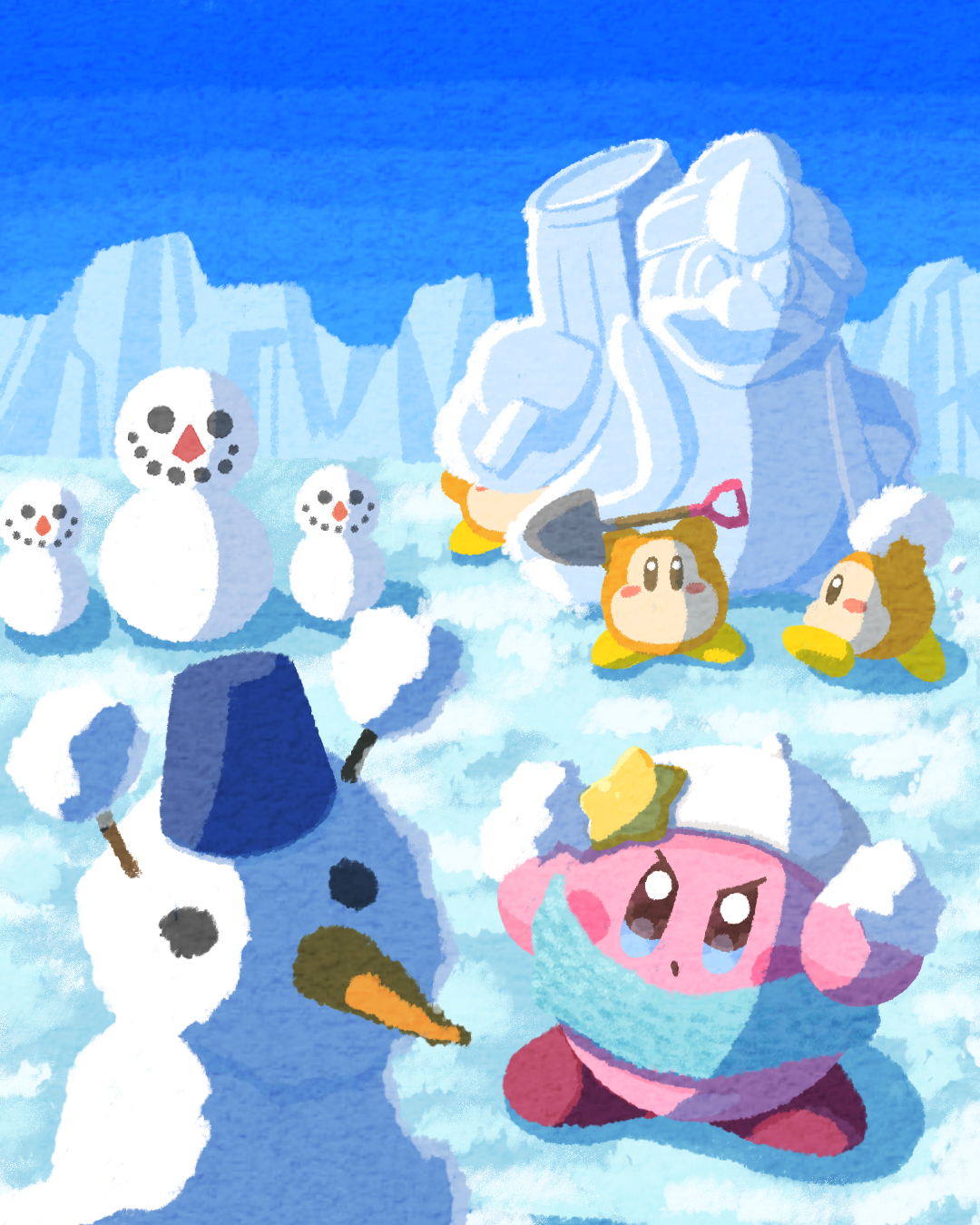 miclot, king dedede, kirby, waddle dee, kirby (series), nintendo, commentary request, highres, blue eyes, blue scarf, blue sky, blush stickers, carrot, day, hat, outdoors, scarf, sky, snow, snowman, statue, v-shaped eyes, white hat, winter