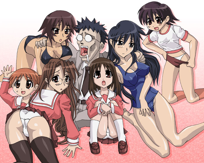 kagura, kasuga ayumu, kimura, mihama chiyo, mizuhara koyomi, sakaki (azumanga daioh), takino tomo, azumanga daiou, 1boy, 6+girls, all fours, ass, barefoot, bikini, black hair, blush, breasts, brown eyes, brown hair, buruma, buruma pull, business suit, clothes pull, everyone, formal clothes, glasses, gradient background, harem, kneeling, large breasts, loafers, long hair, looking at viewer, looking back, multiple girls, necktie, opaque glasses, panties, pantyshot, pimp, school swimsuit, school uniform, serafuku, shoes, short hair, simple background, sitting, socks, suit, sweatdrop, swimsuit, teacher, teacher and student, thighhighs, underboob, underwear, upskirt, white panties