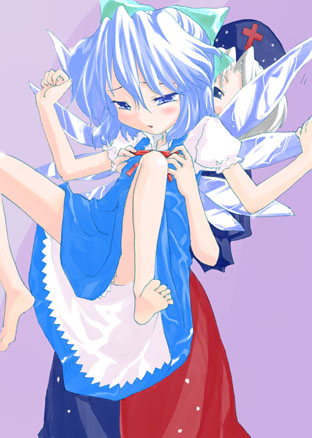 cirno, yagokoro eirin, shoot the bullet, touhou, lowres, 2girls, blue hair, female focus, groping, hat, long hair, multiple girls, wings