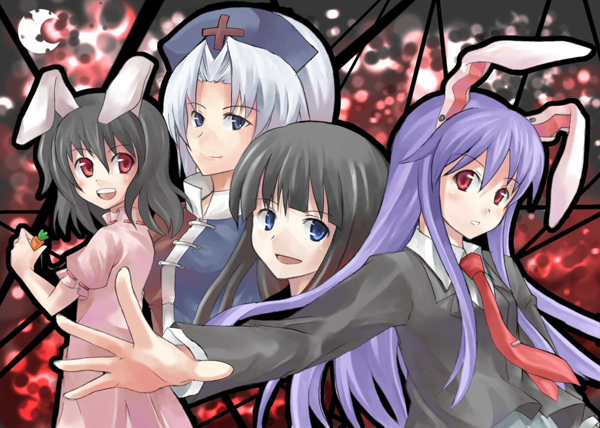 yuuta (pixiv), yuuta (tokoton hirune hiyori), houraisan kaguya, inaba tewi, reisen udongein inaba, yagokoro eirin, touhou, silver hair, bad id, bad pixiv id, 4girls, animal ears, black hair, blue eyes, carrot, dress, female focus, hat, jewelry, long hair, multiple girls, necktie, pendant, purple hair, rabbit ears, red eyes, red necktie, ribbon-trimmed dress, ribbon trim, school uniform, two-tone dress