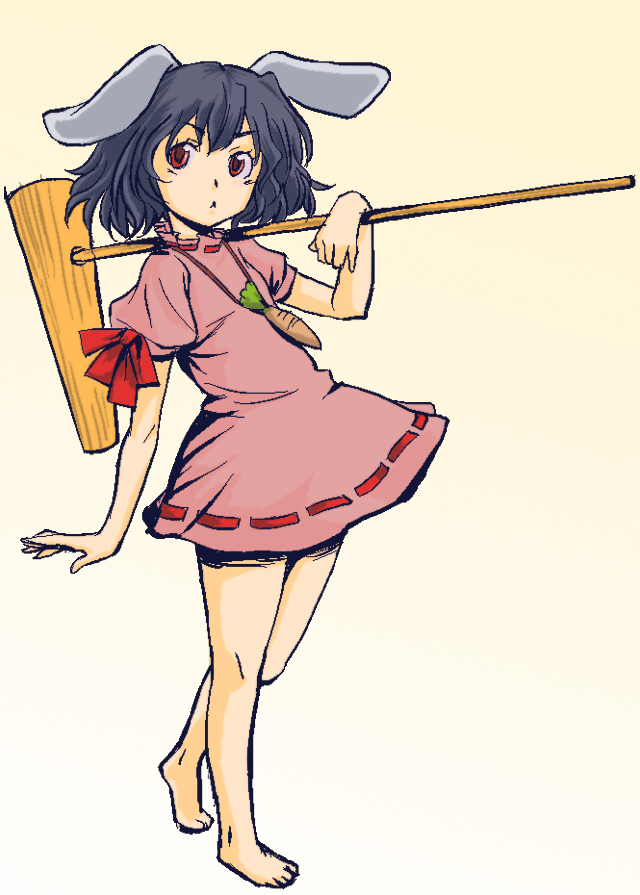 note-takahashi, takahashi note, inaba tewi, touhou, 1girl, :<, animal ears, bare legs, barefoot, carrot, female focus, hammer, jewelry, kine, mallet, oekaki, pendant, rabbit ears, ribbon, solo