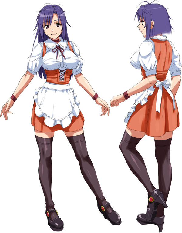 nigou, anna miller, 1girl, blue hair, choker, high heels, long hair, mary janes, mole, mole under eye, orange skirt, purple hair, shoes, skirt, smile, thighhighs, waitress, zettai ryouiki