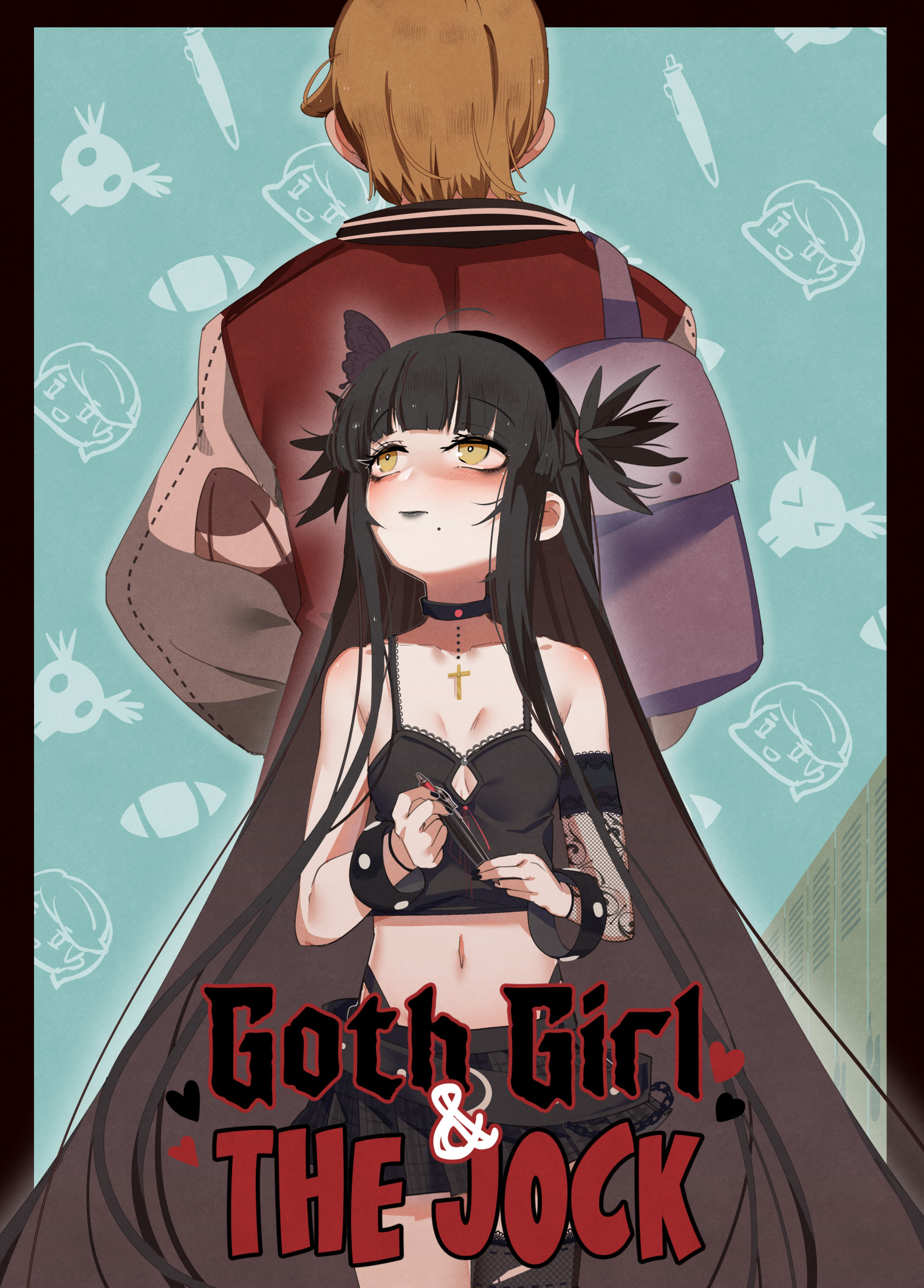 at2., merryweather, ophelia (merryweather), tyler (merryweather), commentary, english commentary, highres, 1boy, 1girl, back-to-back, bag, bare shoulders, black choker, black hair, black lips, black shirt, black skirt, blonde hair, blue background, blush, breasts, butterfly hair ornament, choker, closed mouth, copyright name, cowboy shot, cropped shirt, cross, cross choker, detached sleeves, fishnet sleeves, fishnets, goth fashion, goth girl and the jock, hair ornament, heart, holding, holding pen, jacket, lipstick, long hair, looking up, makeup, midriff, miniskirt, mole, mole under mouth, navel, pen, red jacket, shirt, short hair, skirt, sleeveless, sleeveless shirt, small breasts, two side up, yellow eyes