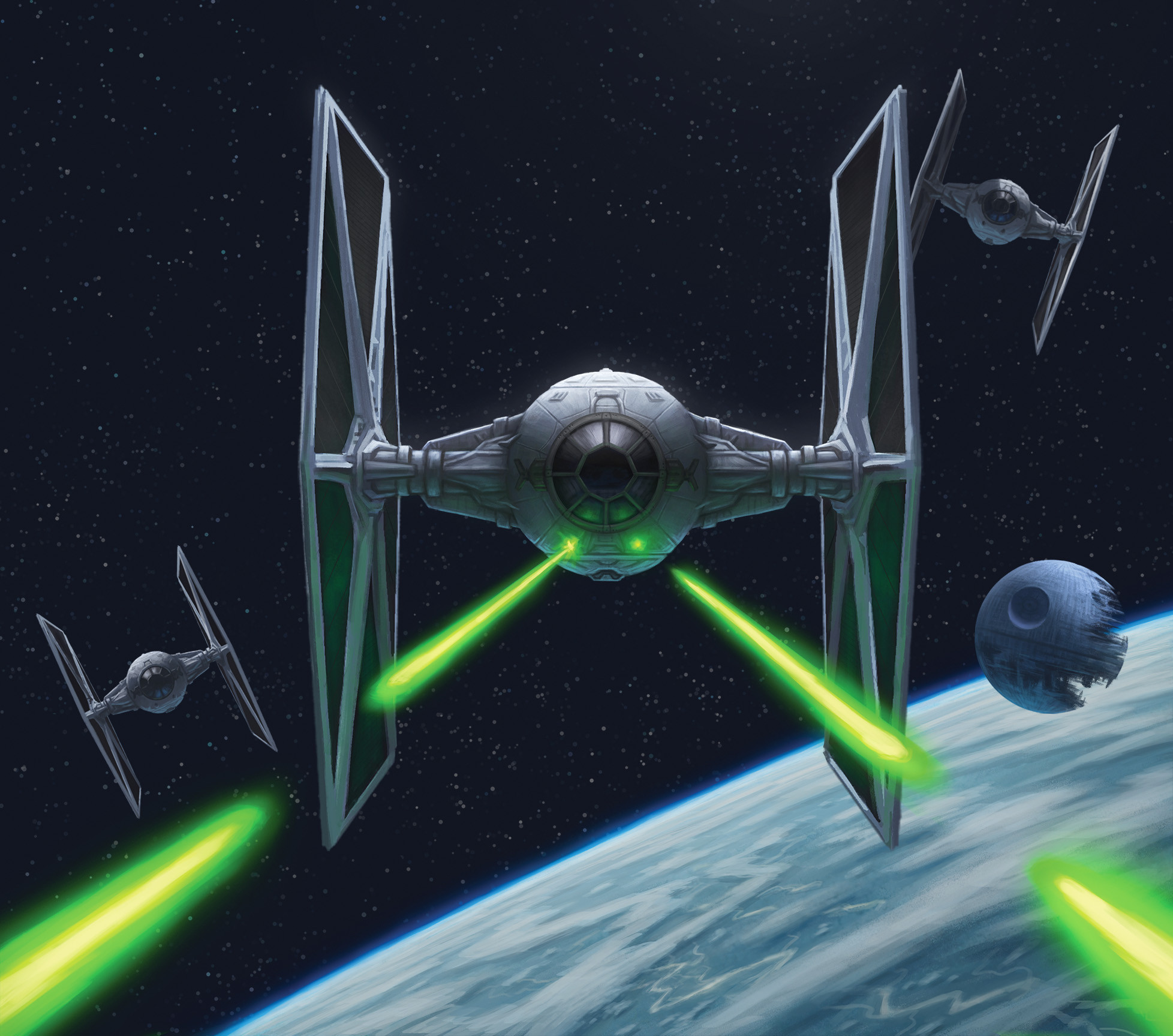 death star, tie fighter, star wars, star wars: return of the jedi, highres, laser, no humans, planet, space, spacecraft, tim brumley