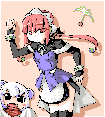 mea (popotan), unagi (popotan), popotan, lowres, 00s, 2girls, animal ears, ferret ears, multiple girls, oekaki, thighhighs