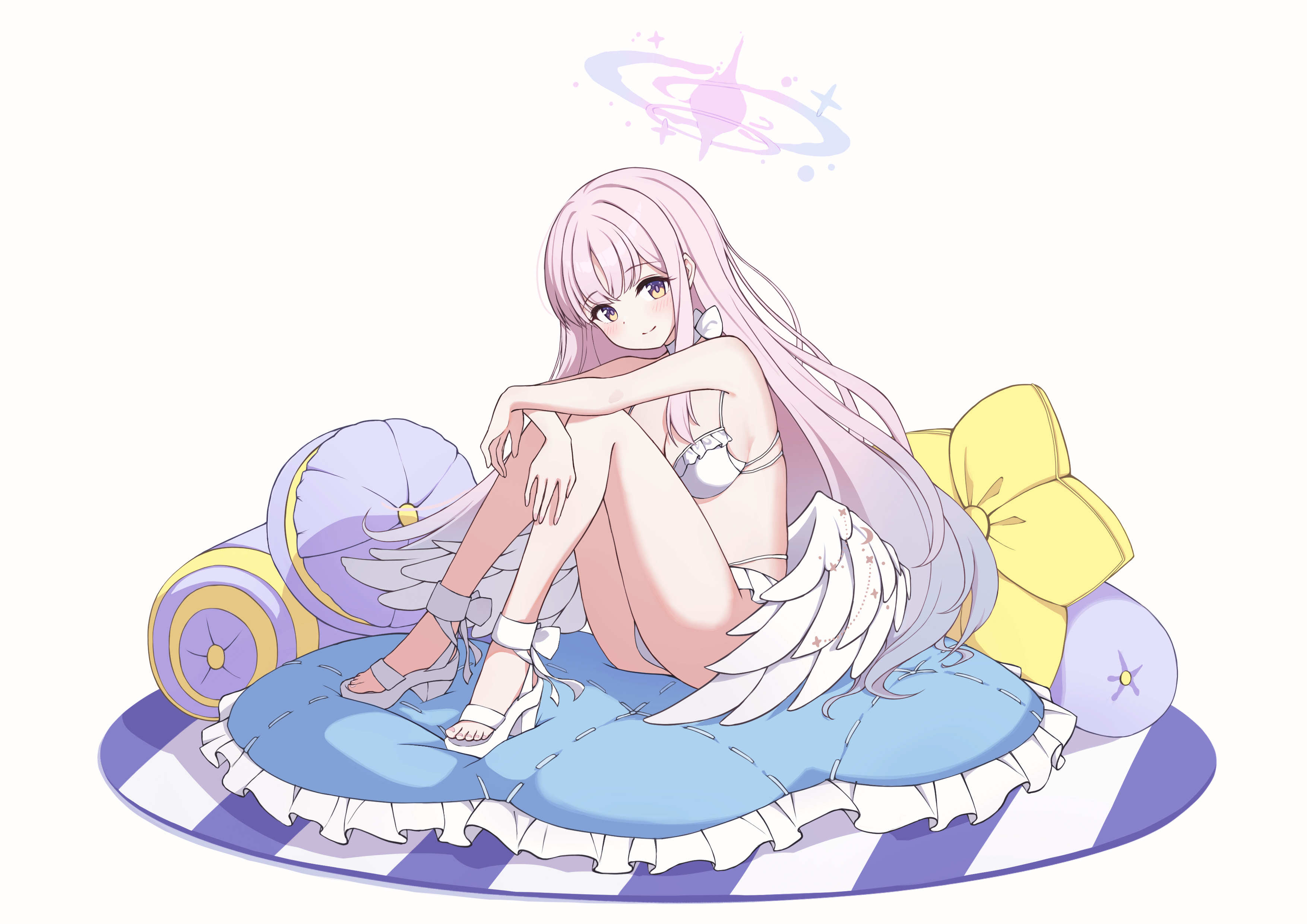 xuga, mika (blue archive), mika (swimsuit) (blue archive), blue archive, absurdres, highres, 1girl, angel wings, bikini, blush, breasts, choker, cleavage, closed mouth, feathered wings, frilled bikini, frills, halo, long hair, looking at viewer, low wings, medium breasts, official alternate costume, official alternate hairstyle, pillow, pink hair, pink halo, sandals, sideboob, simple background, sitting, smile, solo, swimsuit, very long hair, white background, white bikini, white choker, white sandals, white wings, wing ornament, wings, yellow eyes