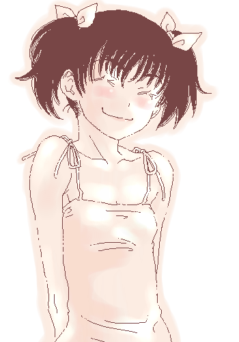 gusu, lowres, 1girl, arms behind back, blush, camisole, closed eyes, female focus, flat chest, monochrome, oekaki, short twintails, simple background, smile, solo, twintails